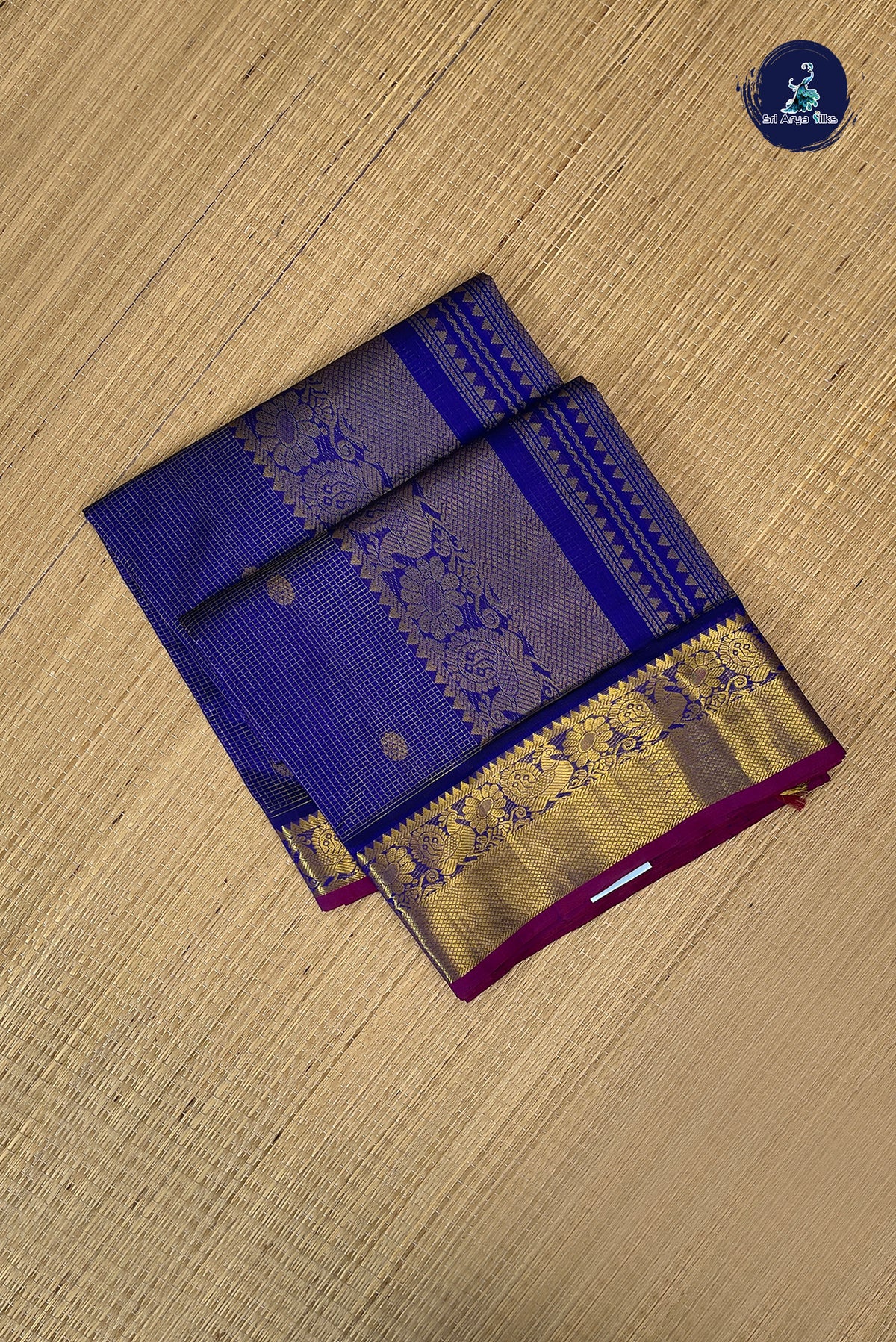Dark Blue Bridal Silk Cotton Saree With Zari Checked Pattern