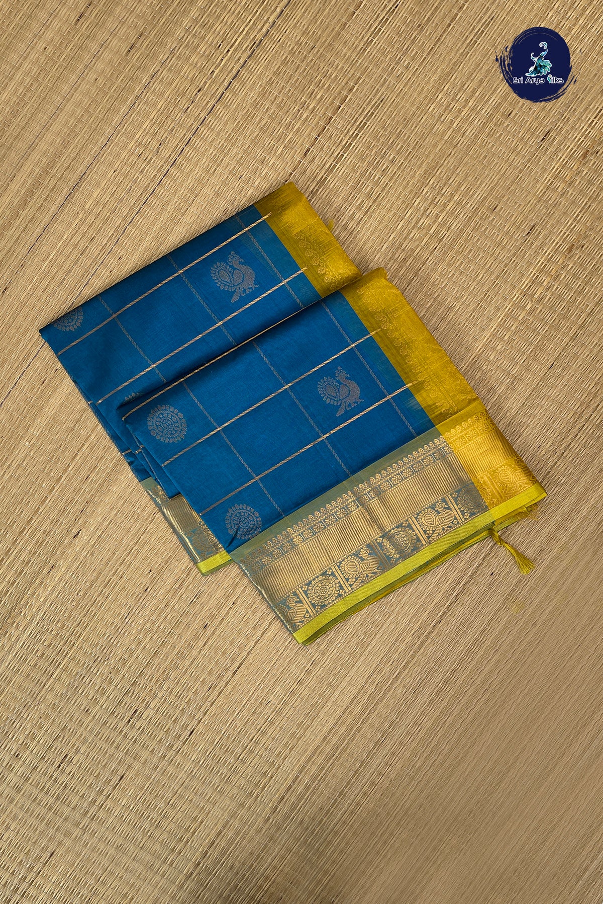Blue Bridal Silk Cotton Saree With Mayil Chakram Butta Pattern