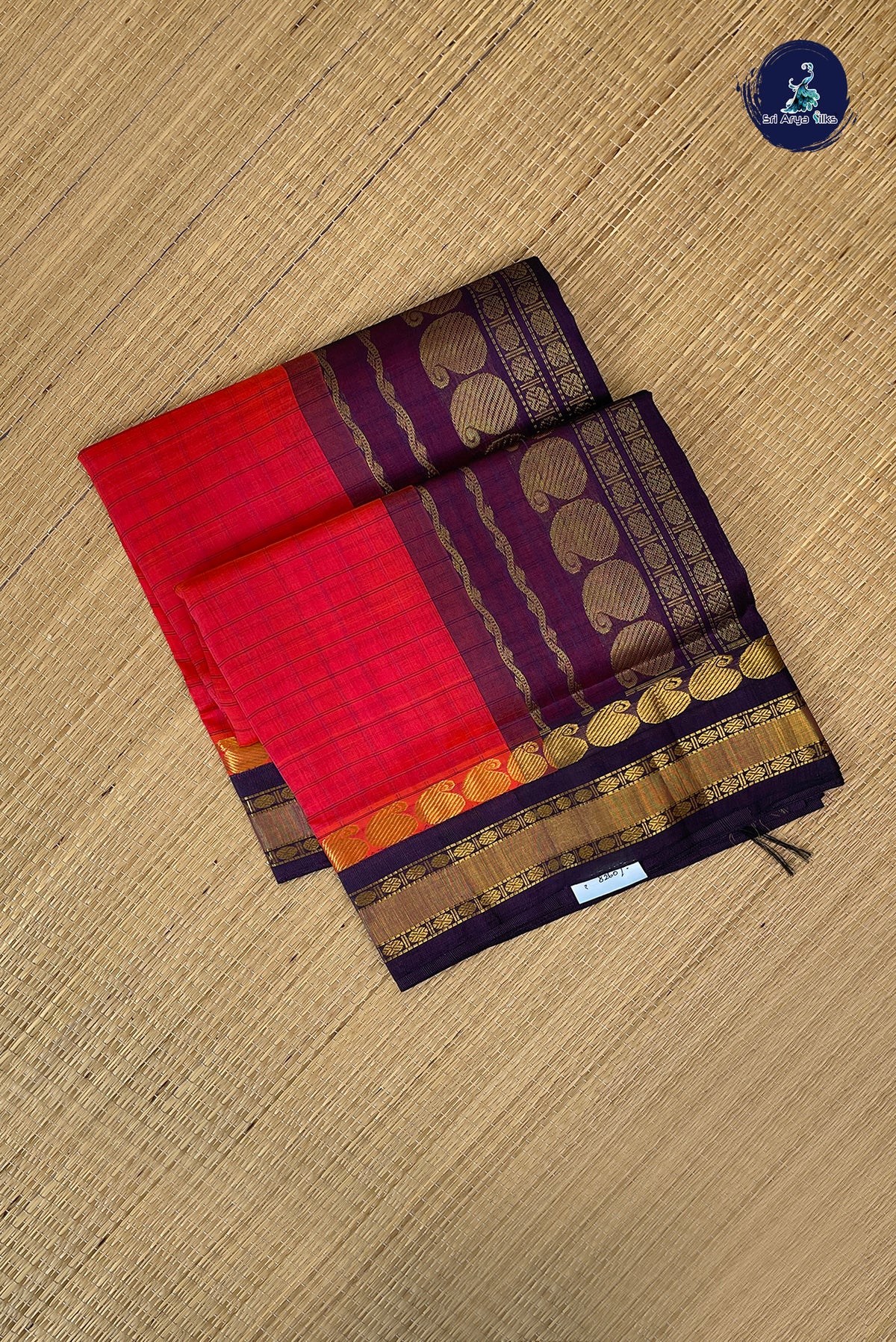 Red Korvai Silk Cotton Saree With Checked Pattern