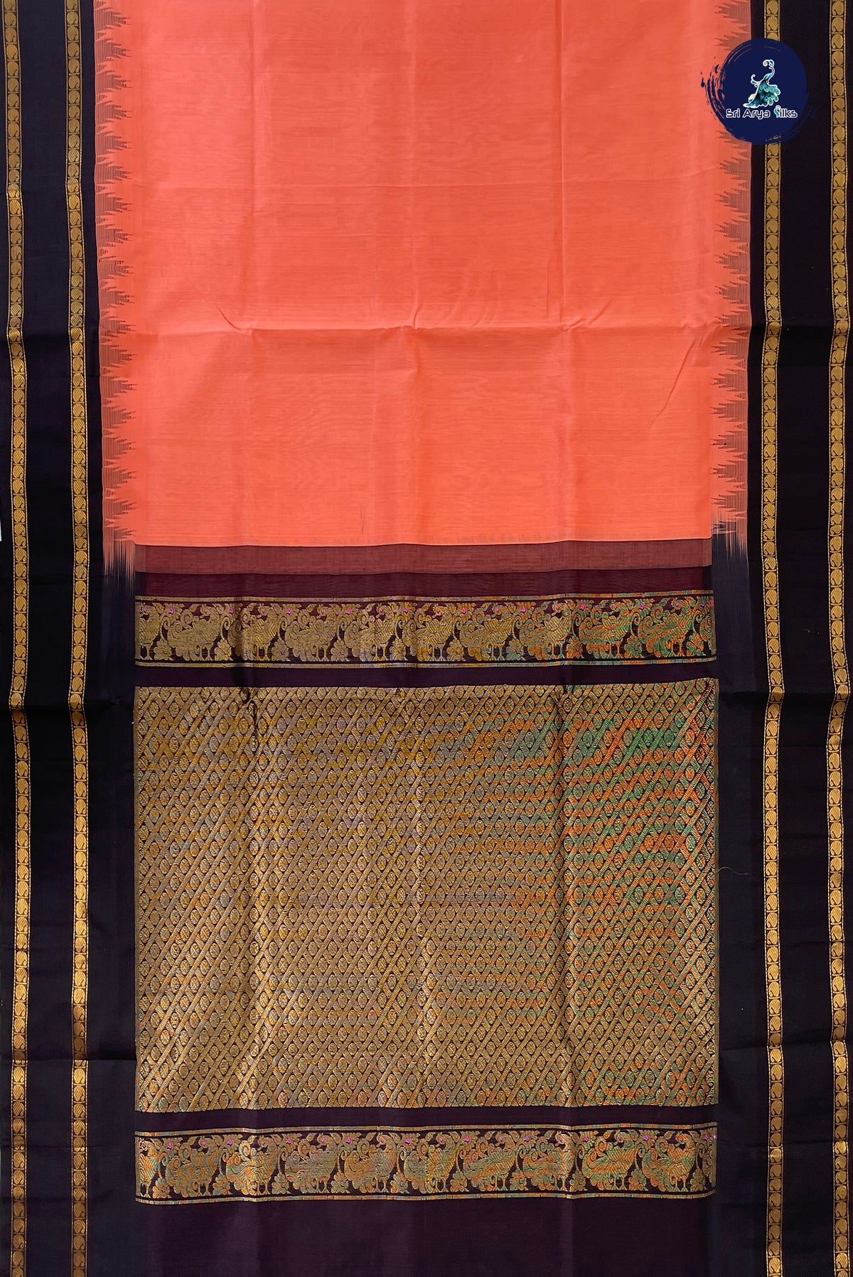 Peach Korvai Silk Cotton Saree With Plain Pattern