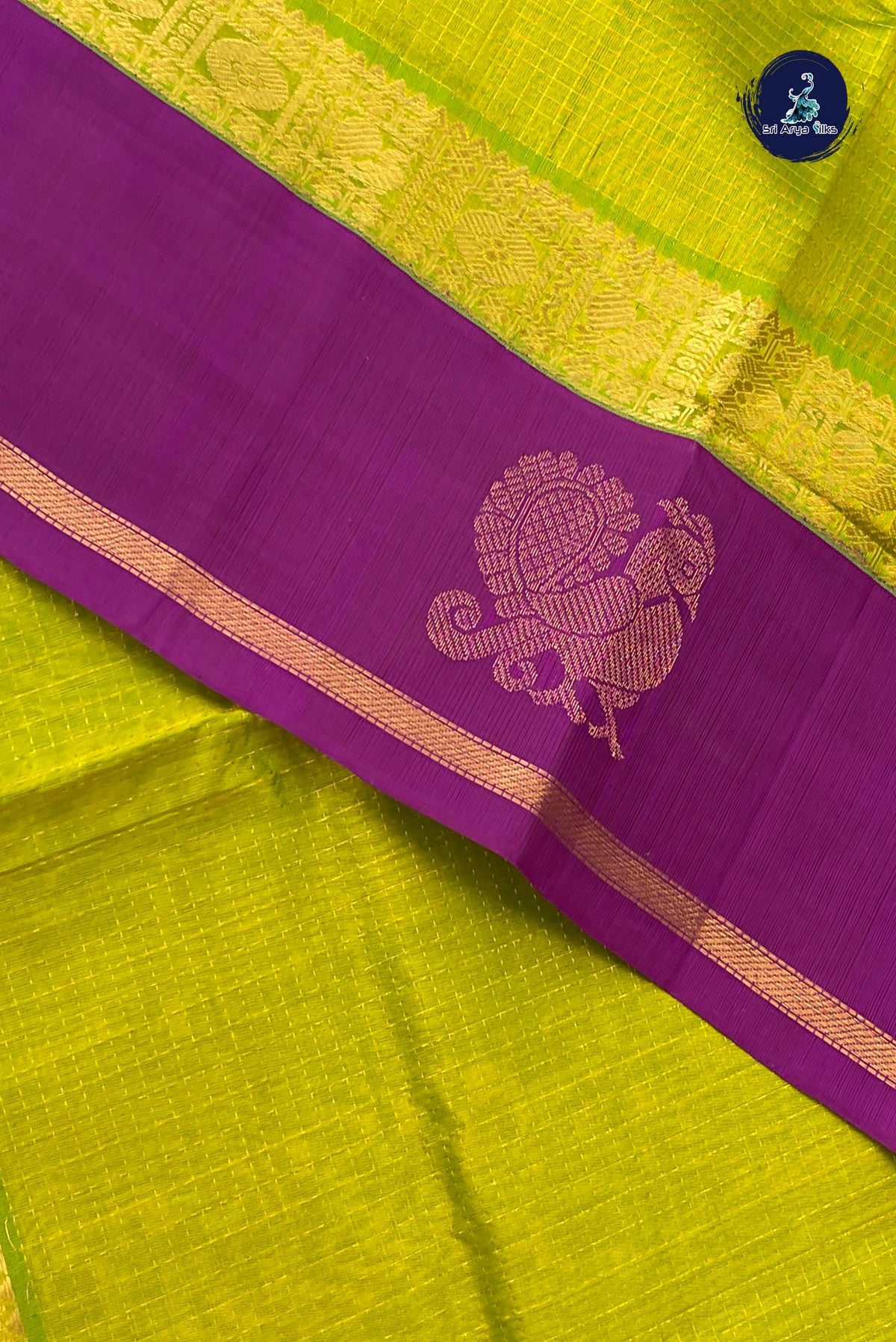 Lime Green Korvai Silk Cotton Saree With Zari Checked Pattern