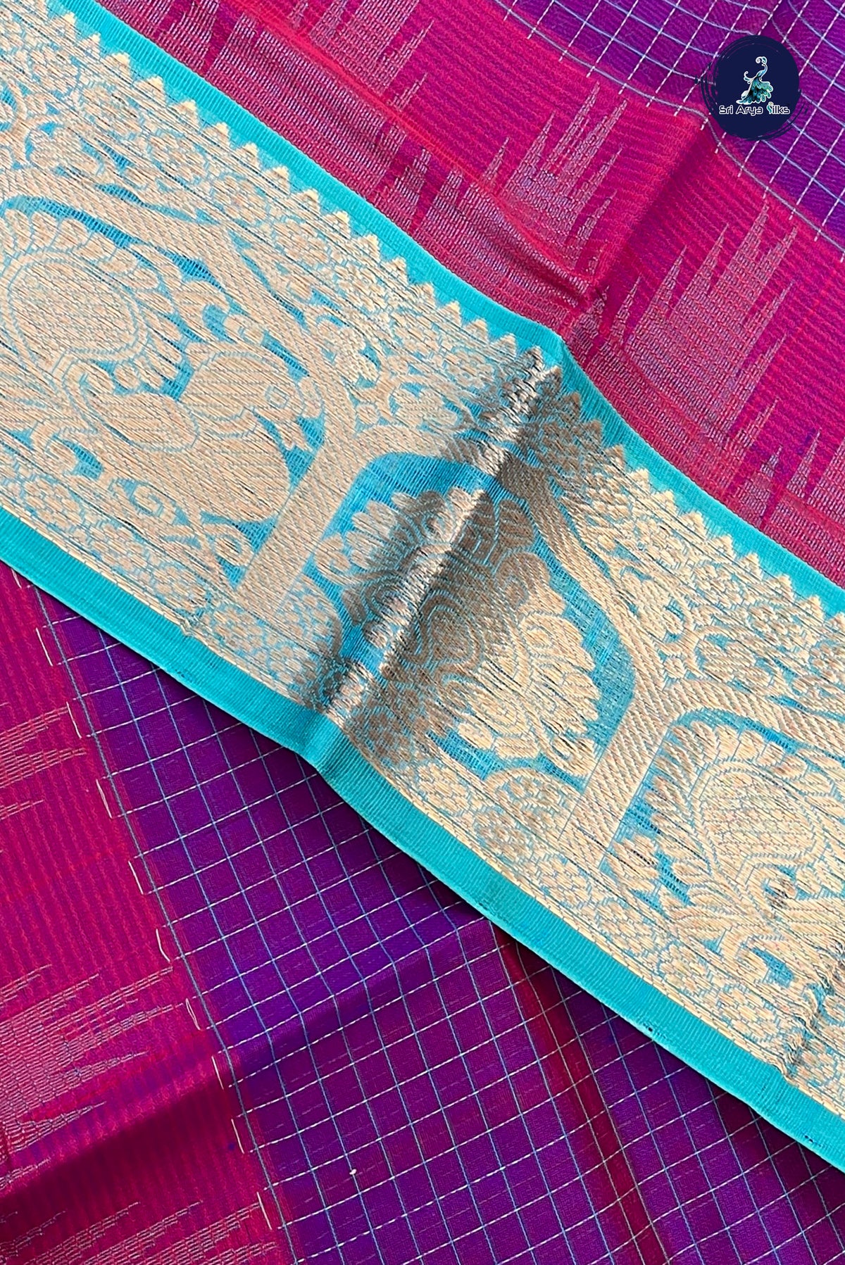 Dual Tone Purple Korvai Silk Cotton Saree With Checked Pattern