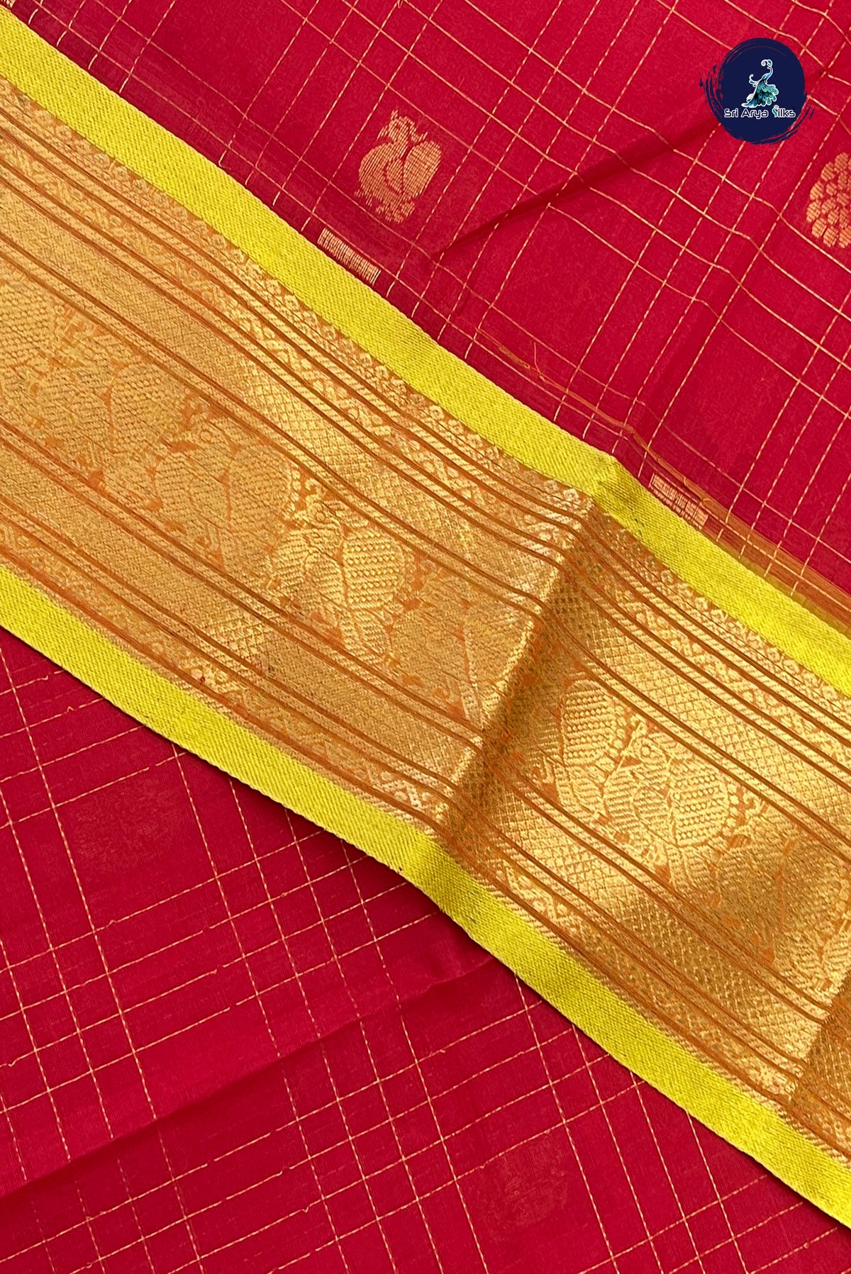 Red Bridal Silk Cotton Saree With Zari Checked Pattern