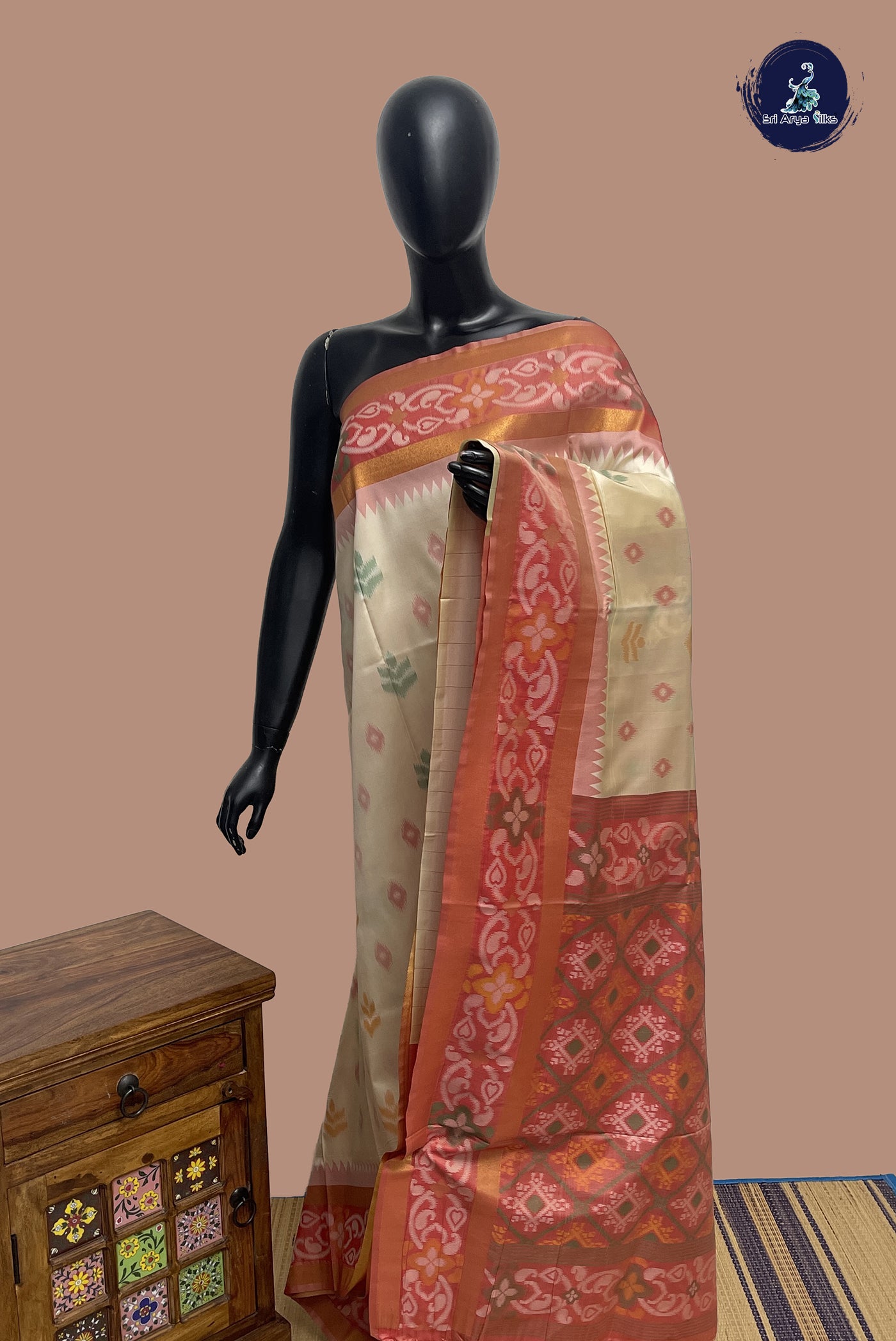 Fawn Pochampally Saree With Ikat Pattern