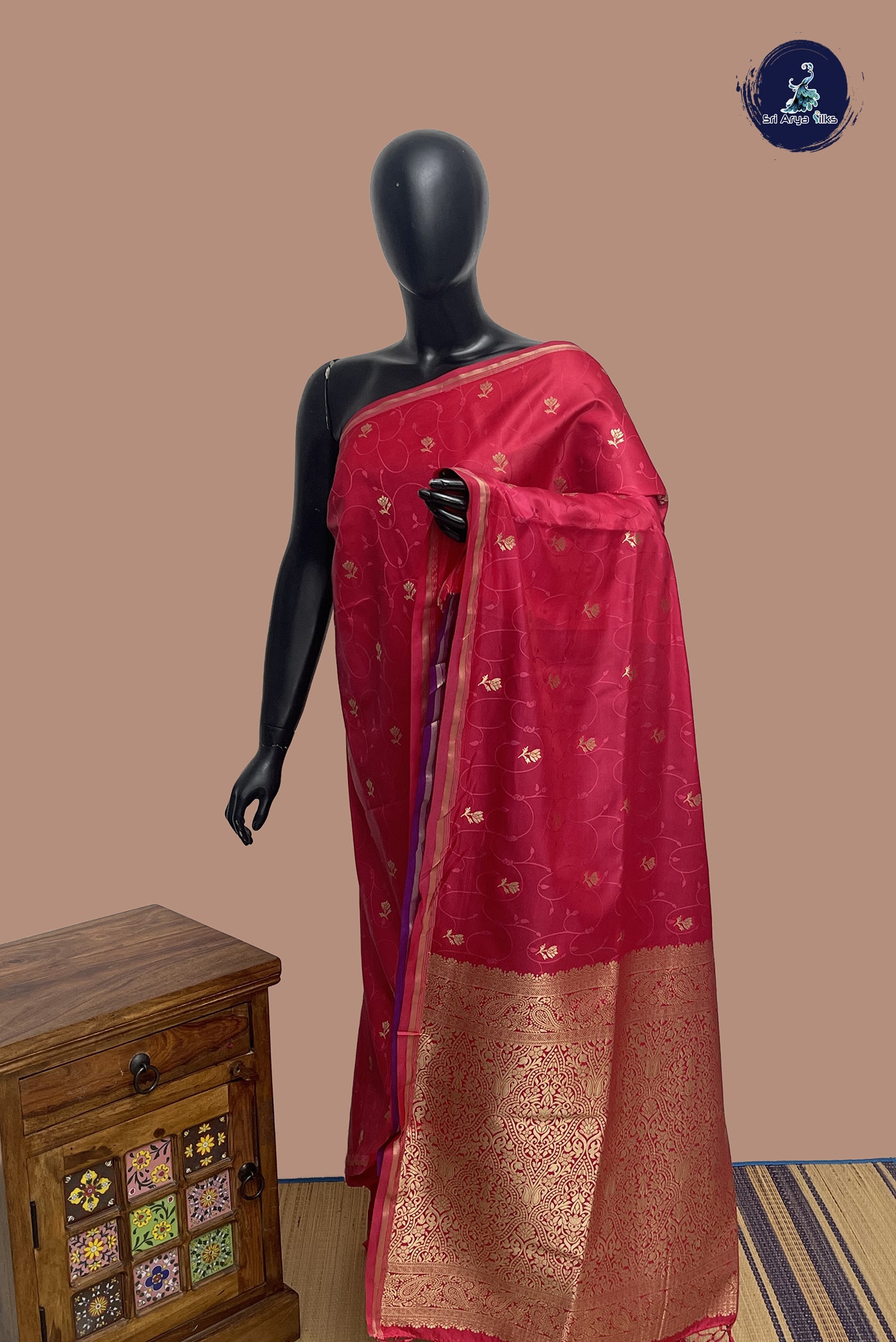 Dark Pink Semi Silk Saree With Embossed Pattern