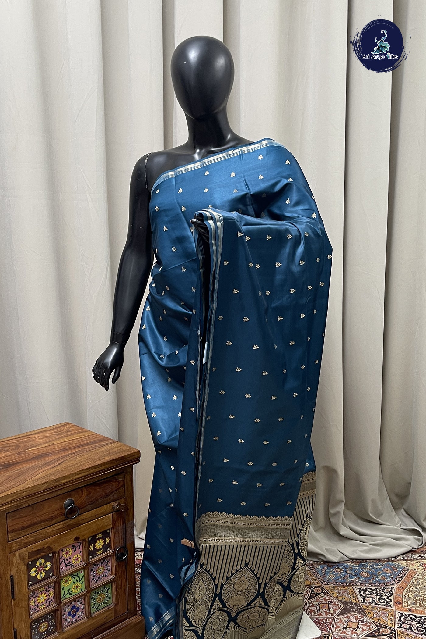 Peacock Blue Semi Silk Saree With Zari Buttas Pattern