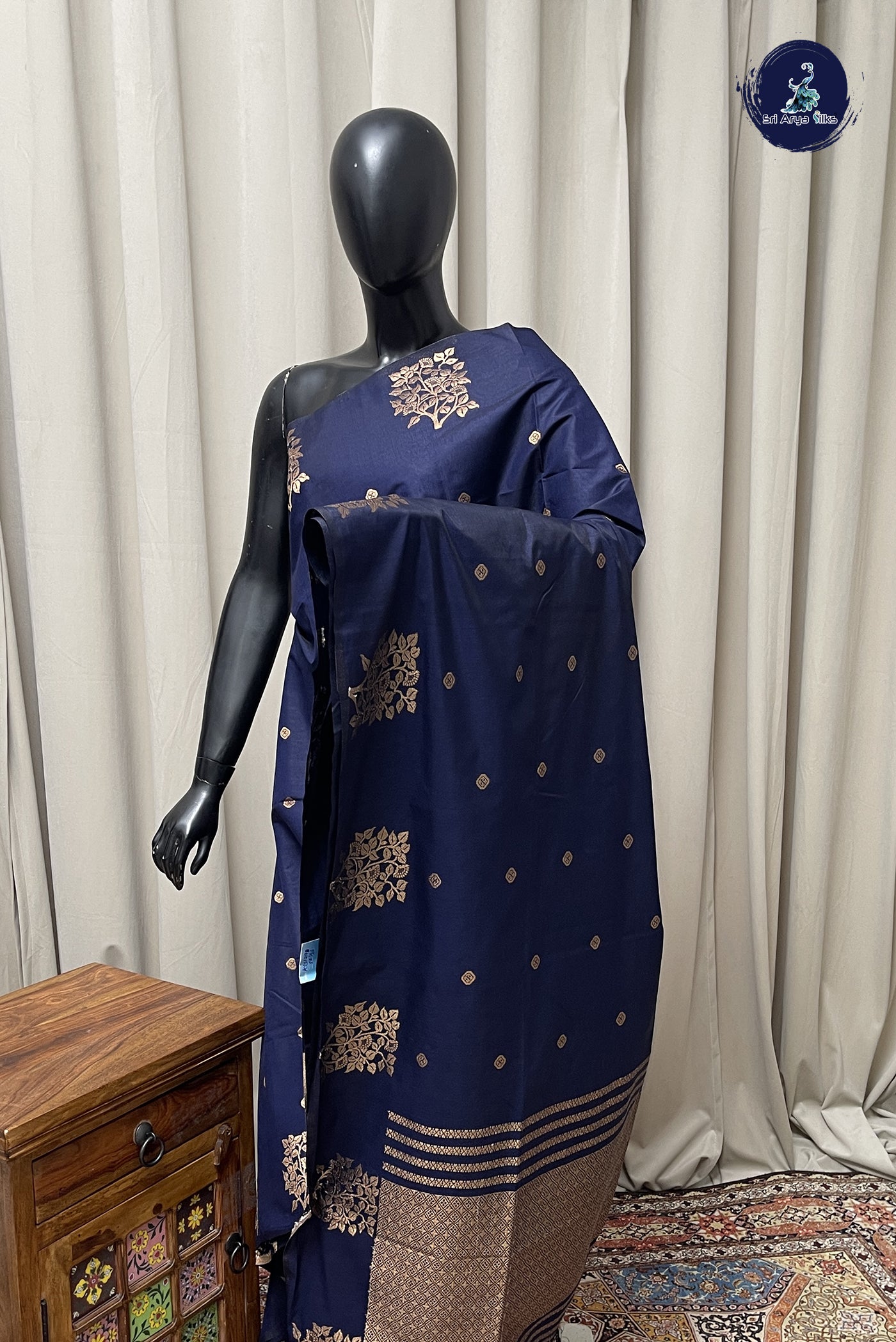 Dark Blue Semi Silk Saree With Buttas Pattern