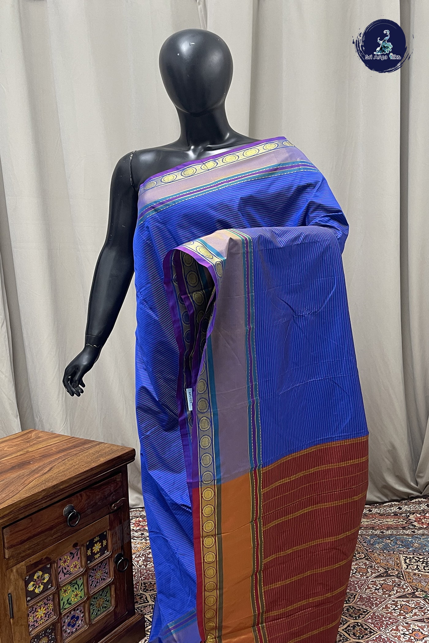 Blue Semi Silk Saree With Stripes Pattern