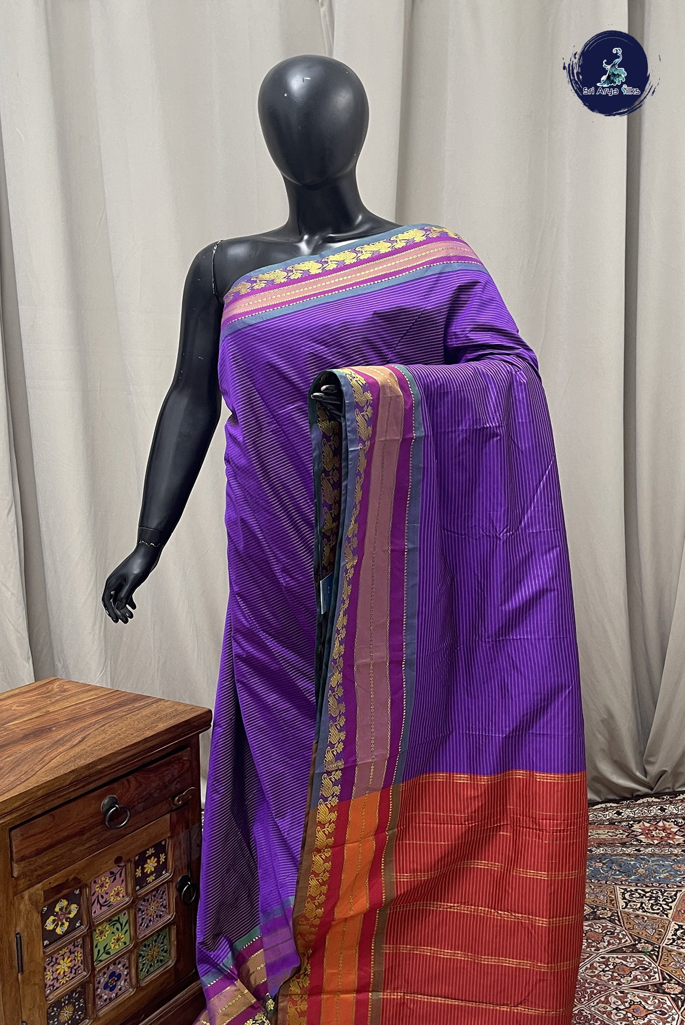 Violet Semi Silk Saree With Stripes Pattern