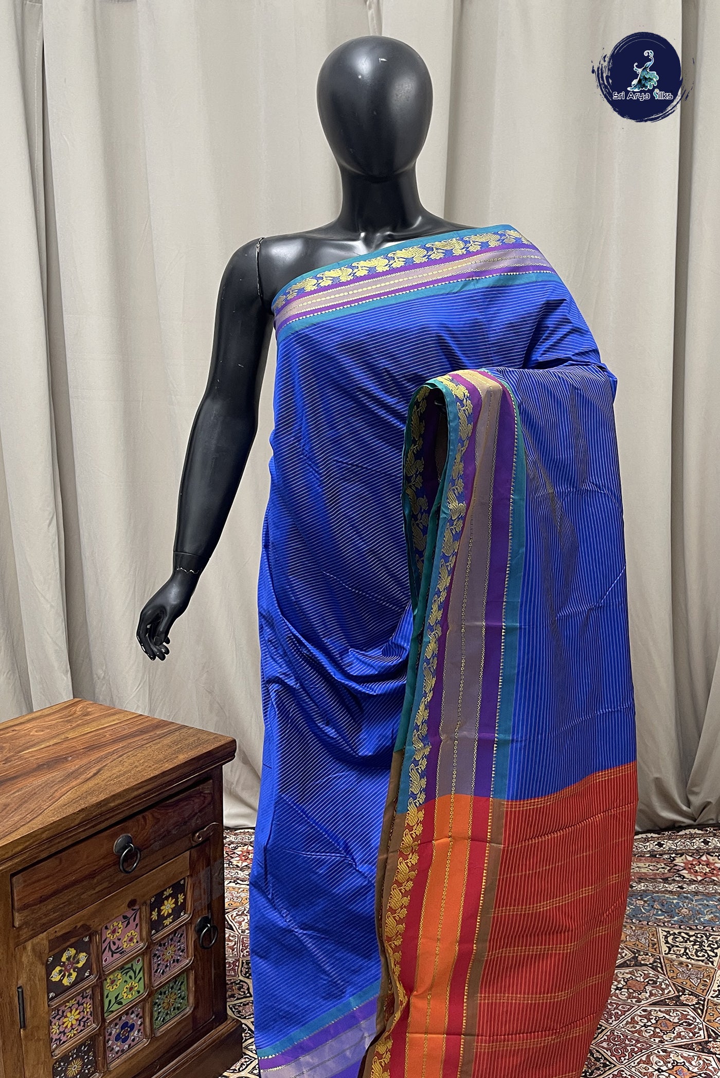 Blue Semi Silk Saree With Stripes Pattern