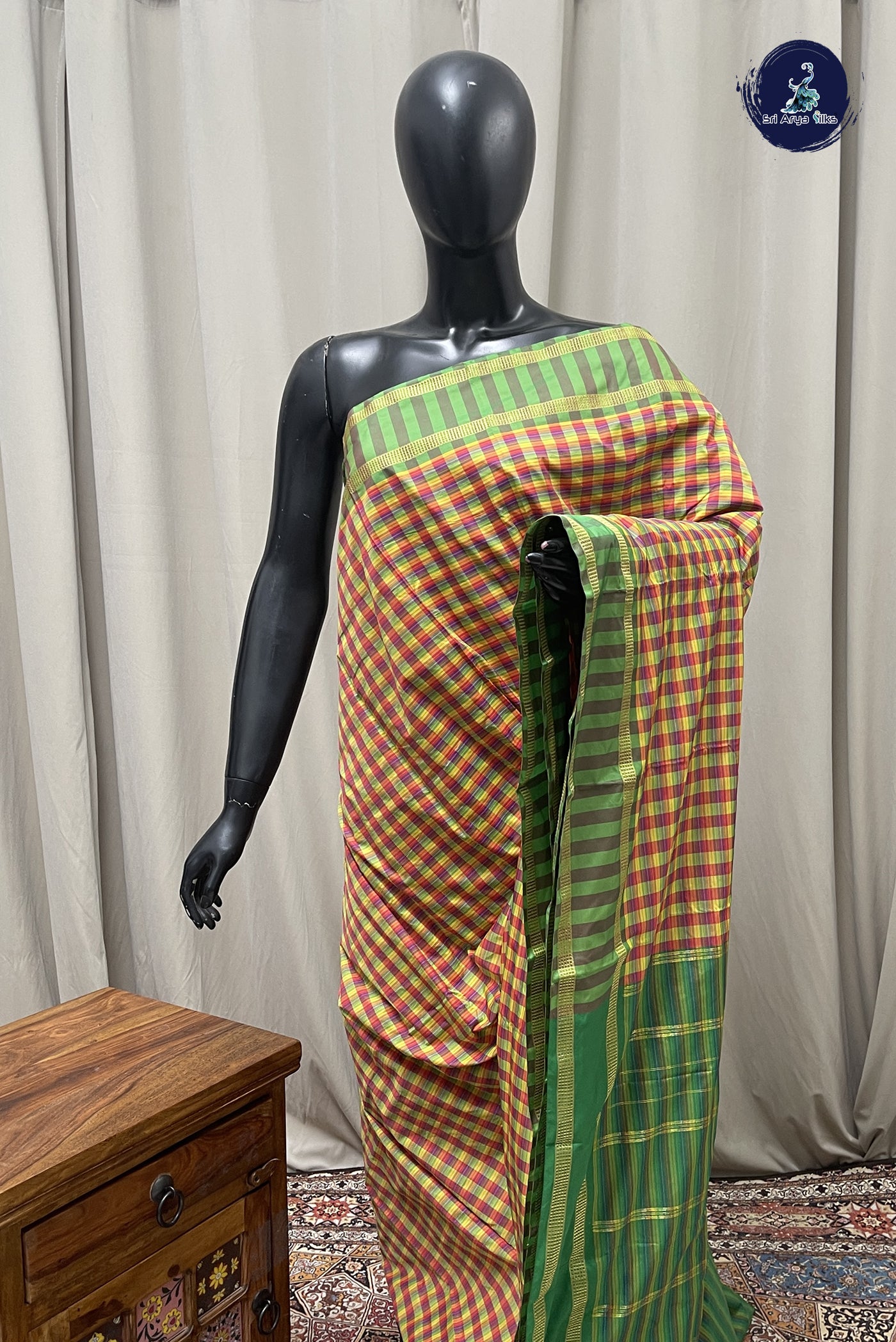 Multi Colour Semi Silk Saree With Checked Pattern