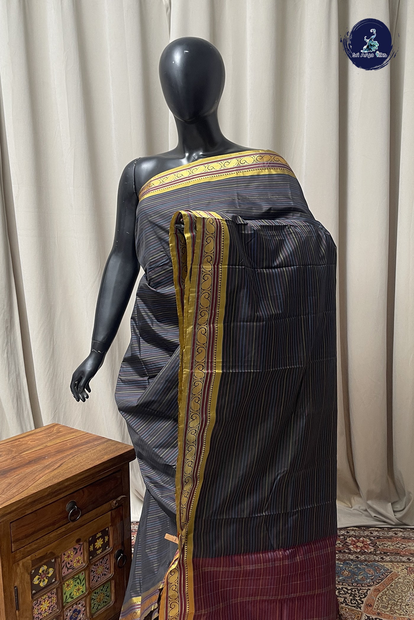Black Semi Silk Saree With Stripes Pattern
