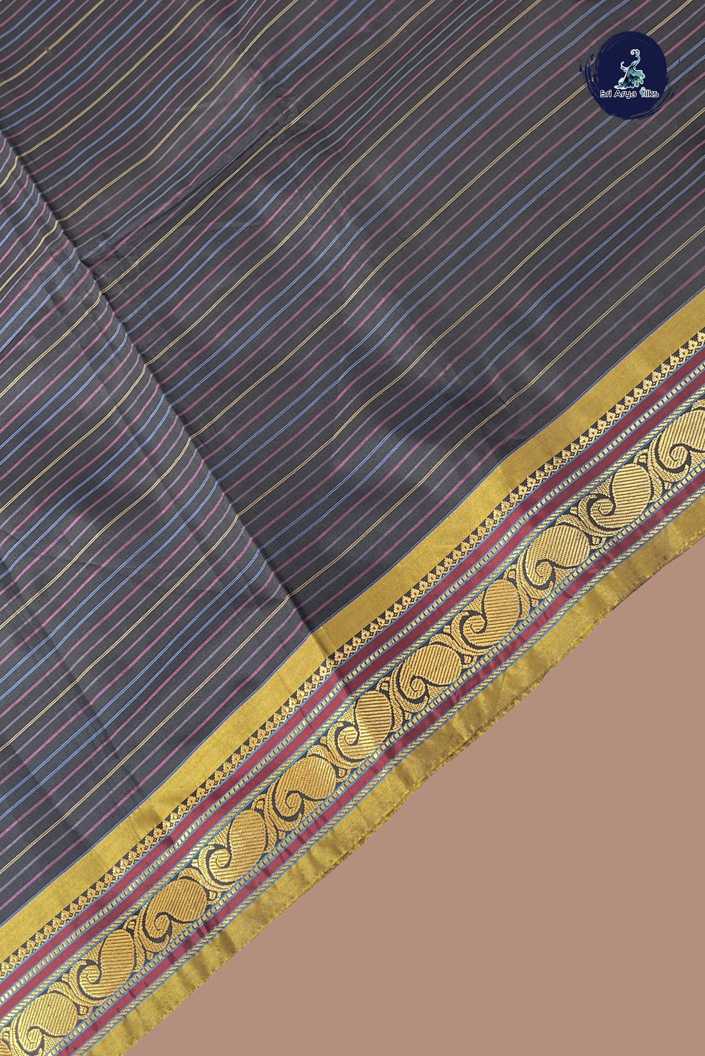 Black Semi Silk Saree With Stripes Pattern