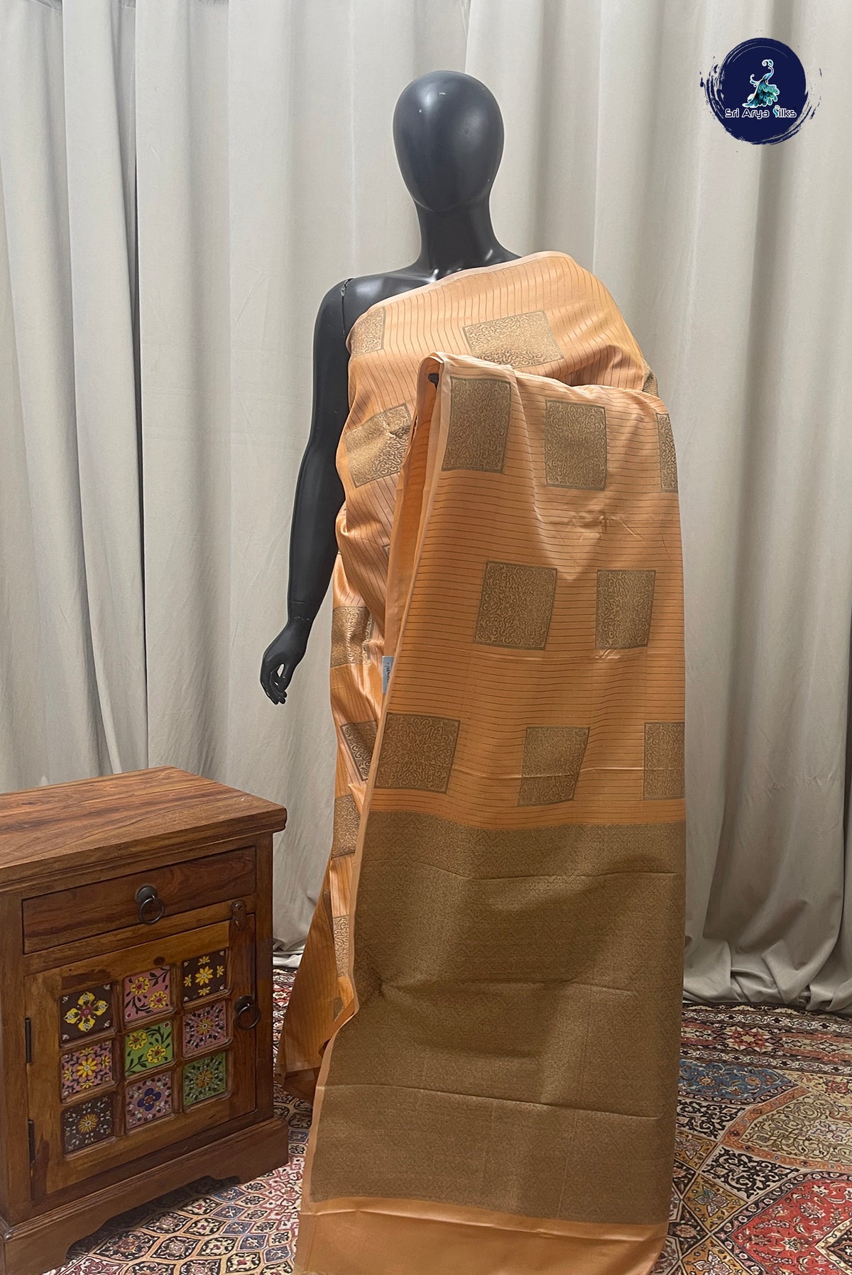 Peach Semi Silk Saree With Stripes Pattern