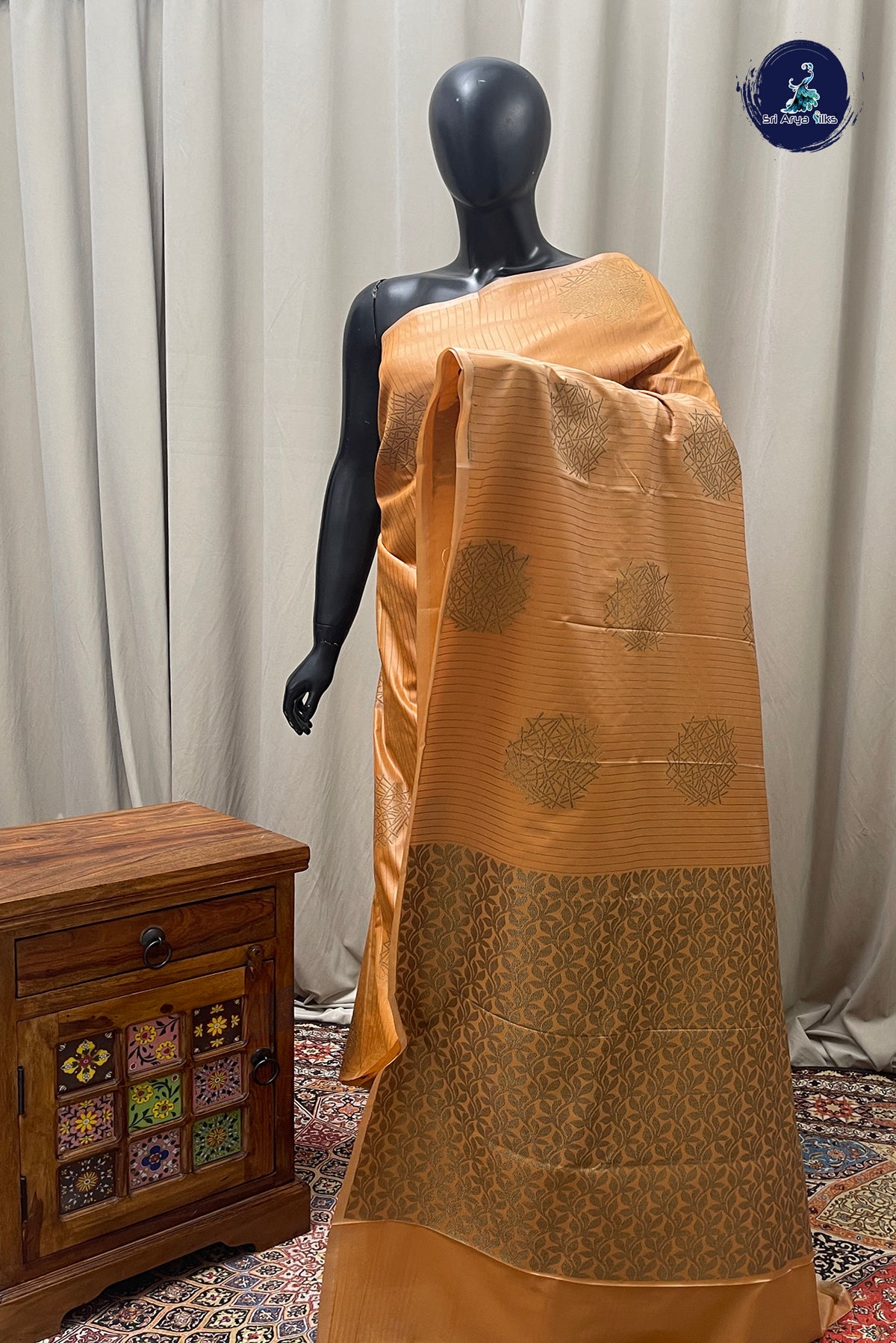 Peach Semi Silk Saree With Stripes Pattern