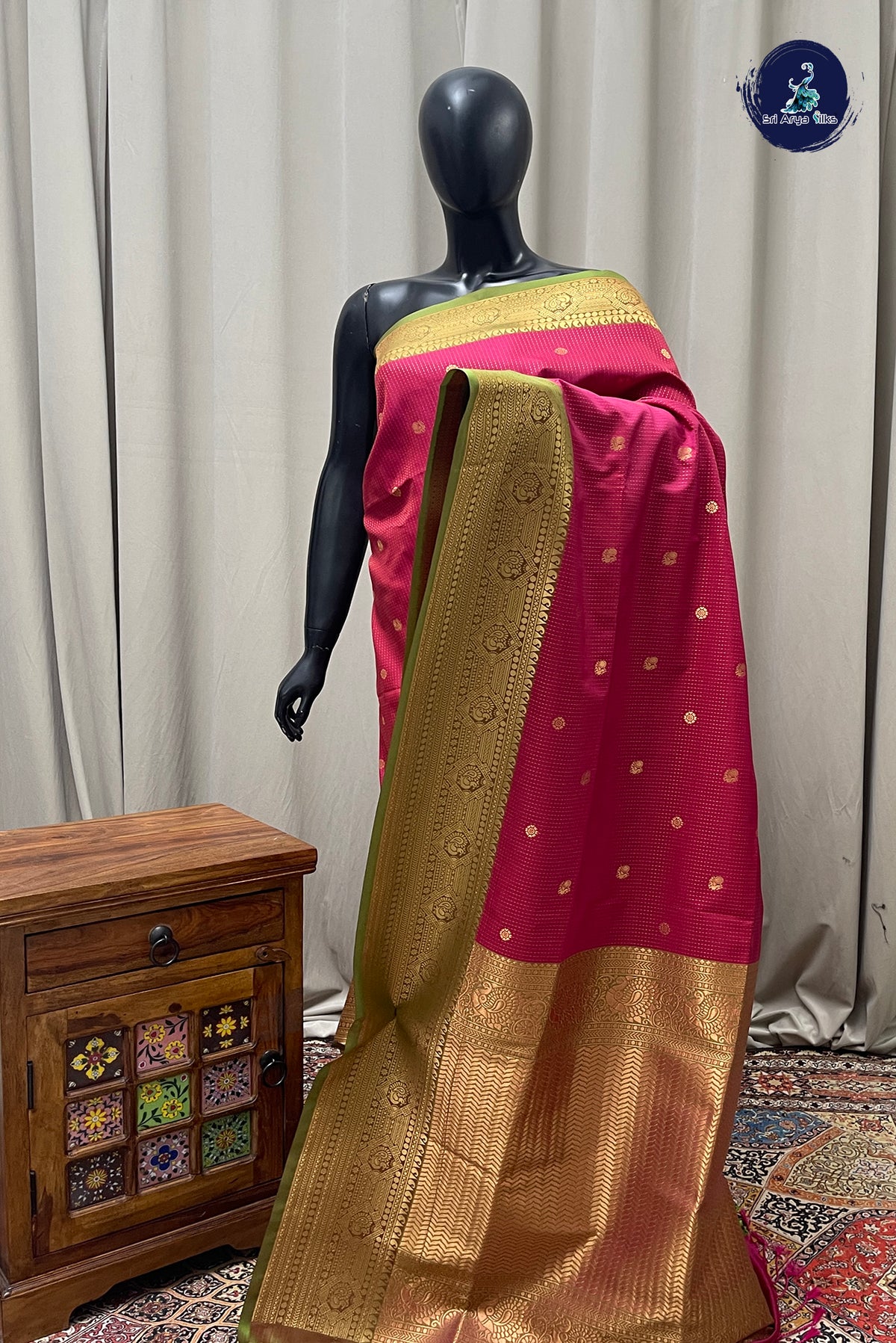 Dark Pink Semi Silk Saree With Stripes Pattern