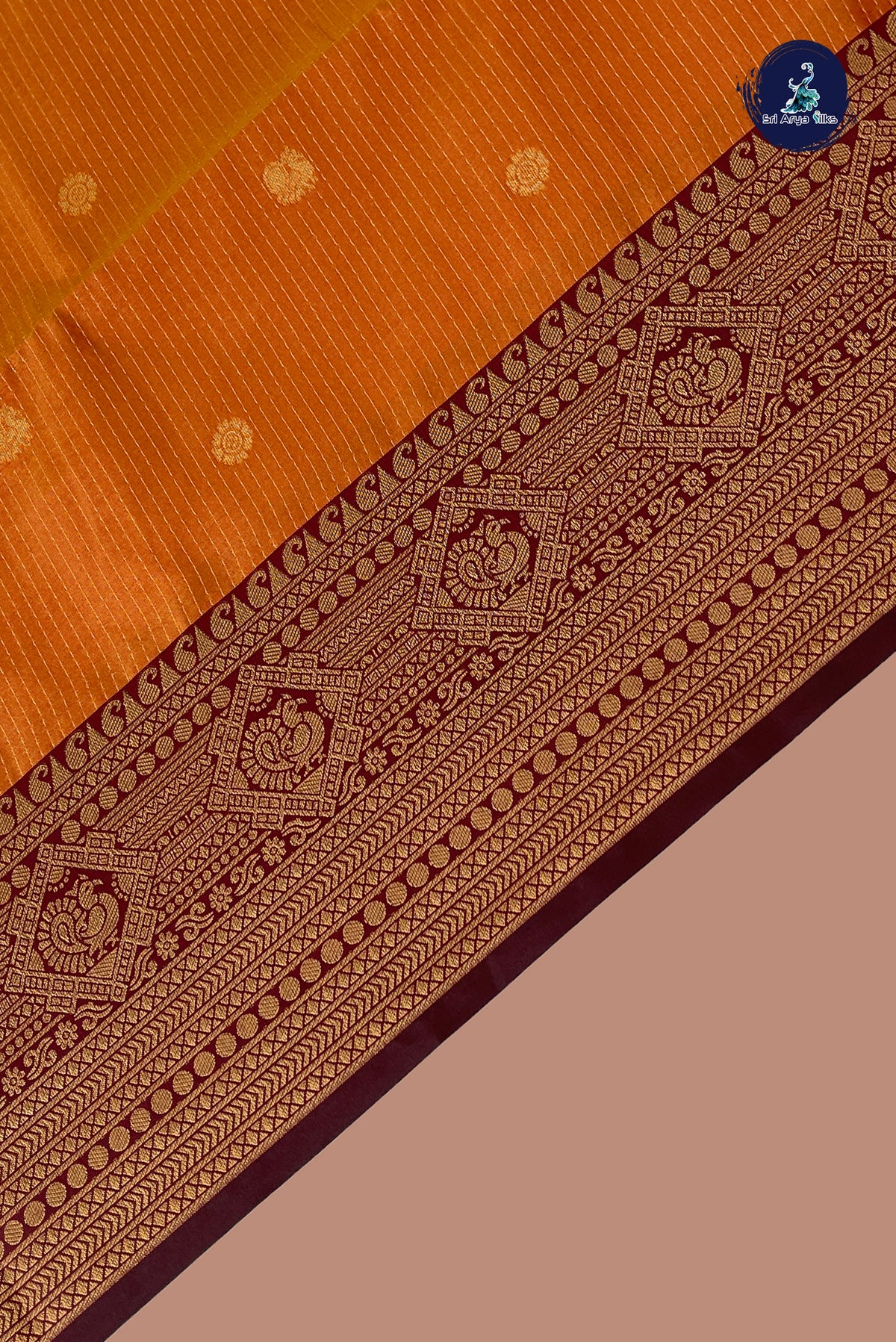 Lite Mustard Orange Semi Silk Saree With Stripes Pattern