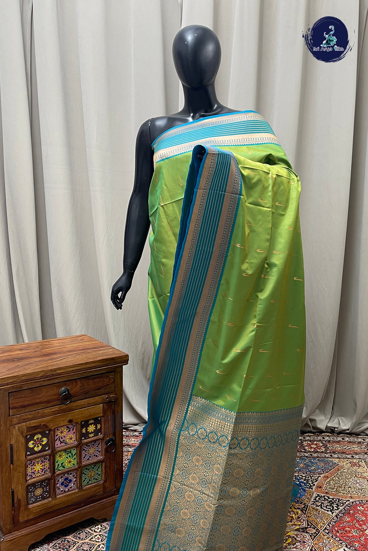 Lime Green Semi Silk Saree With Zari Buttas Pattern