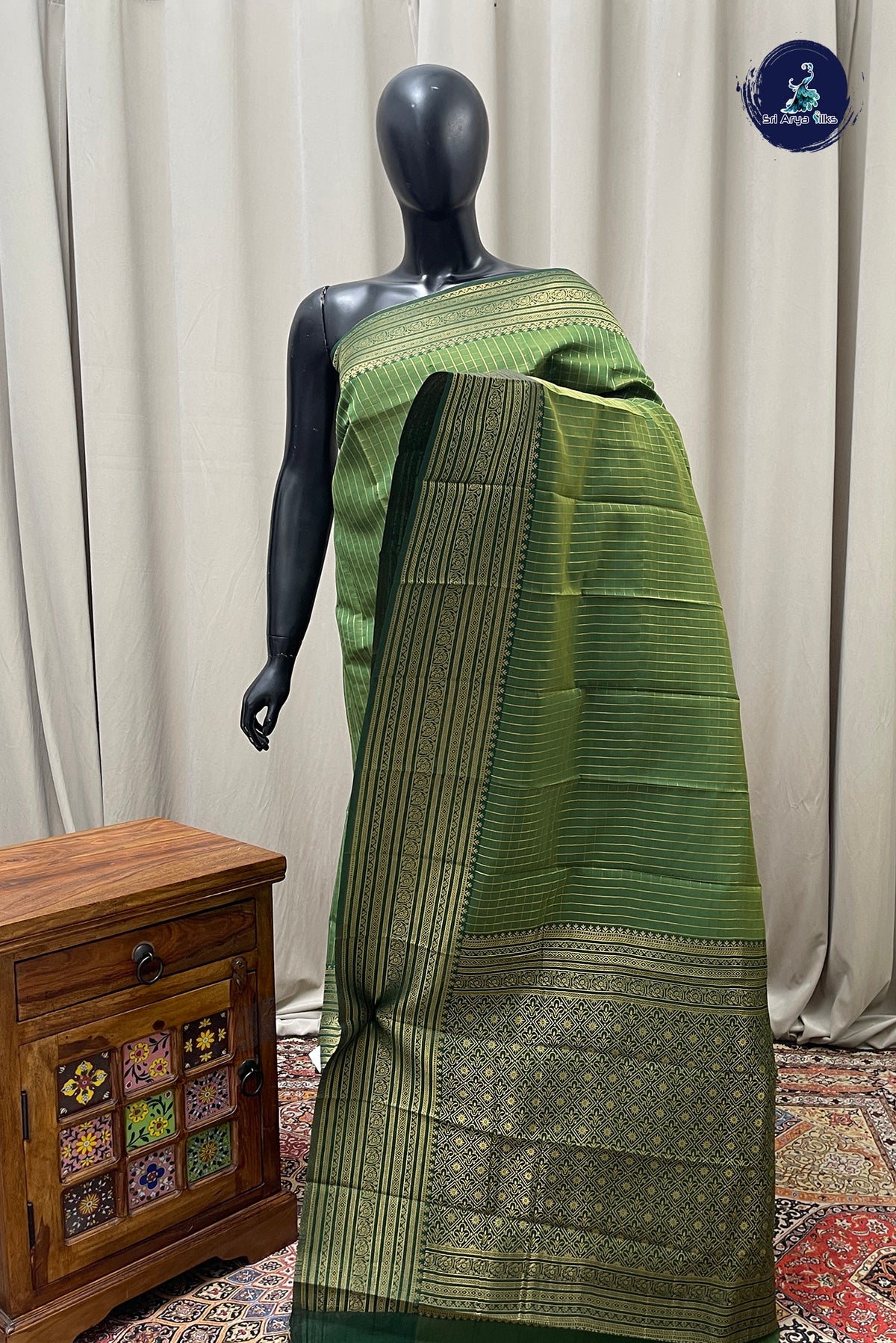 Light Green Semi Silk Saree With Zari Checked Pattern