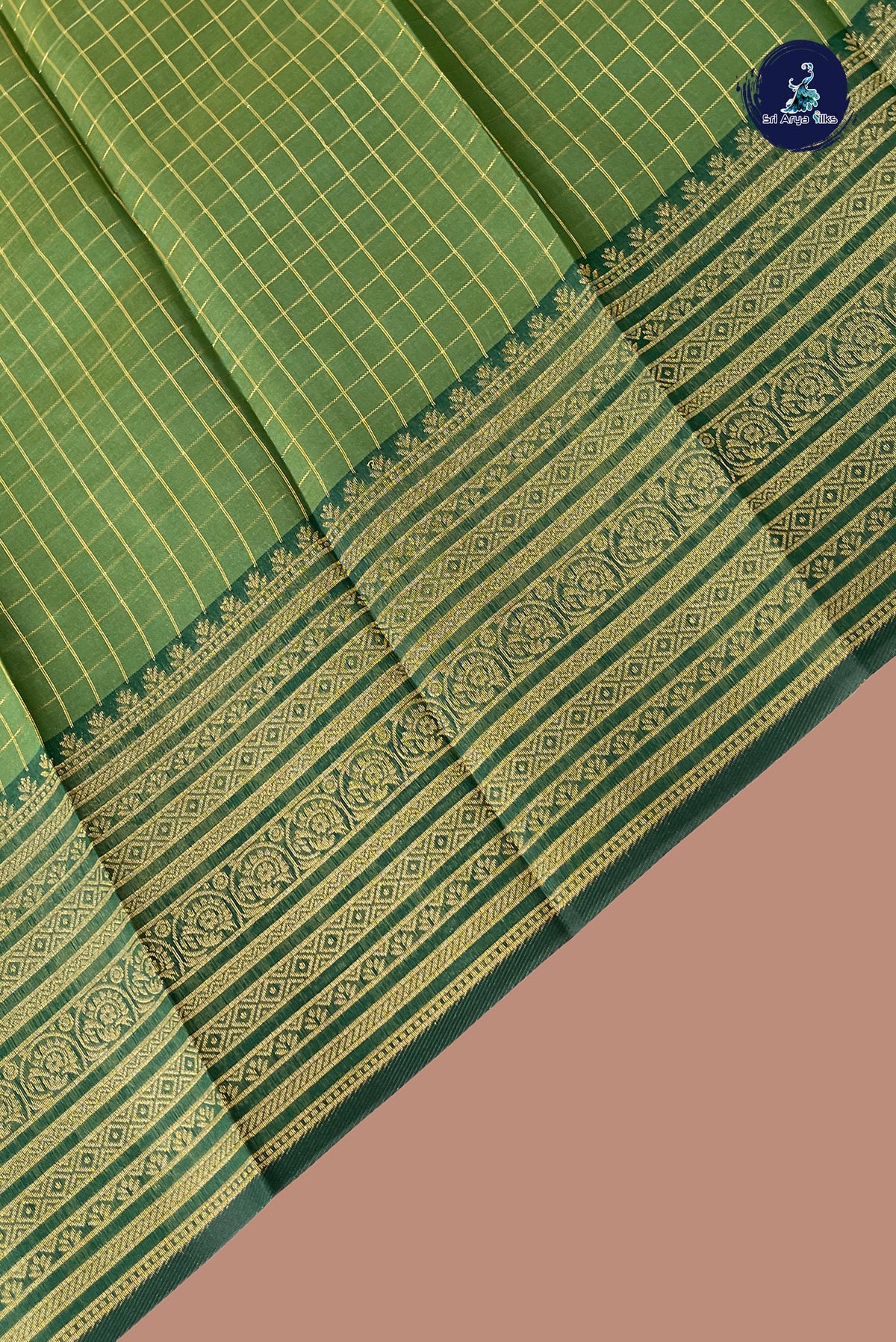 Light Green Semi Silk Saree With Zari Checked Pattern