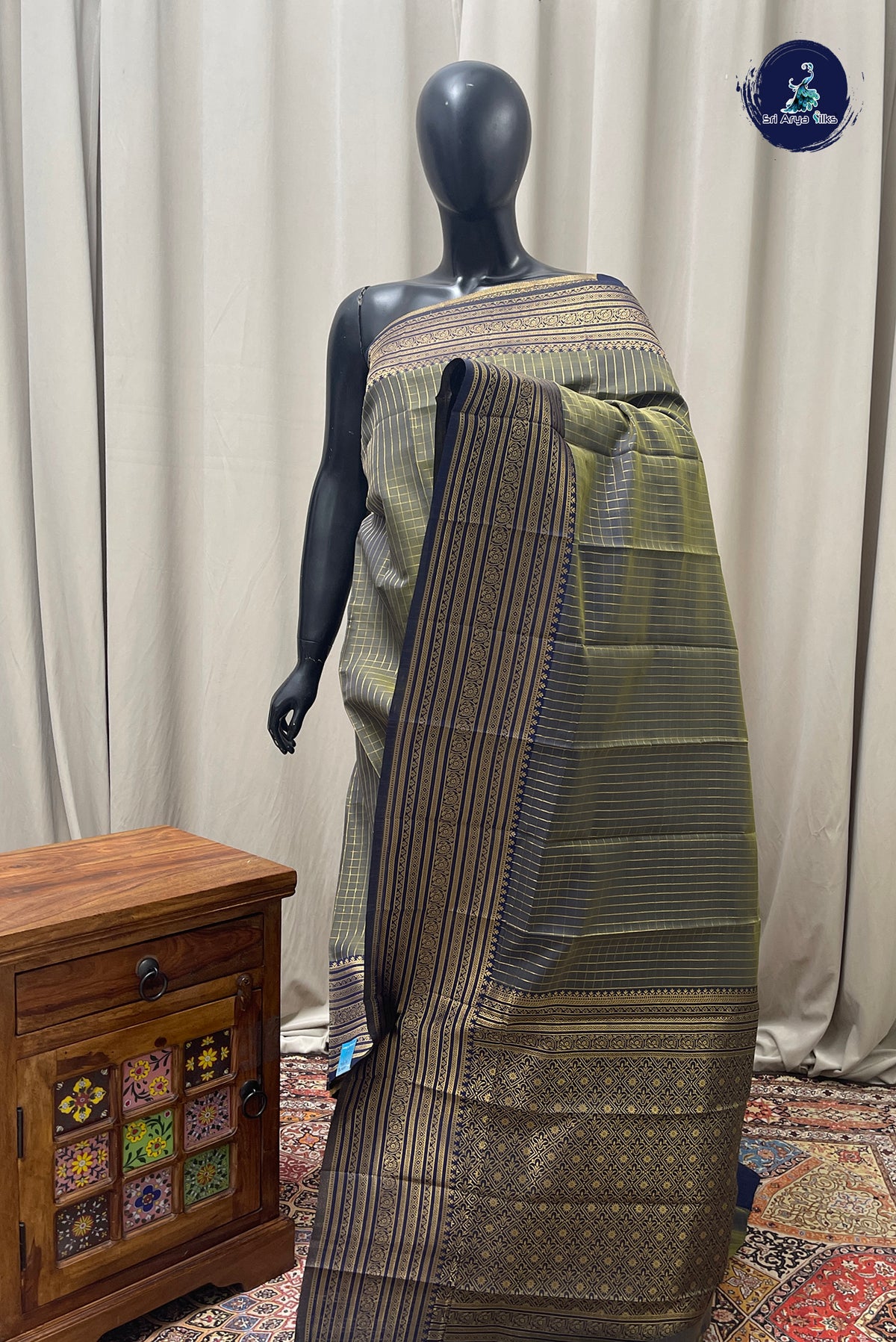 Greenish Grey Semi Silk Saree With Zari Checked Pattern