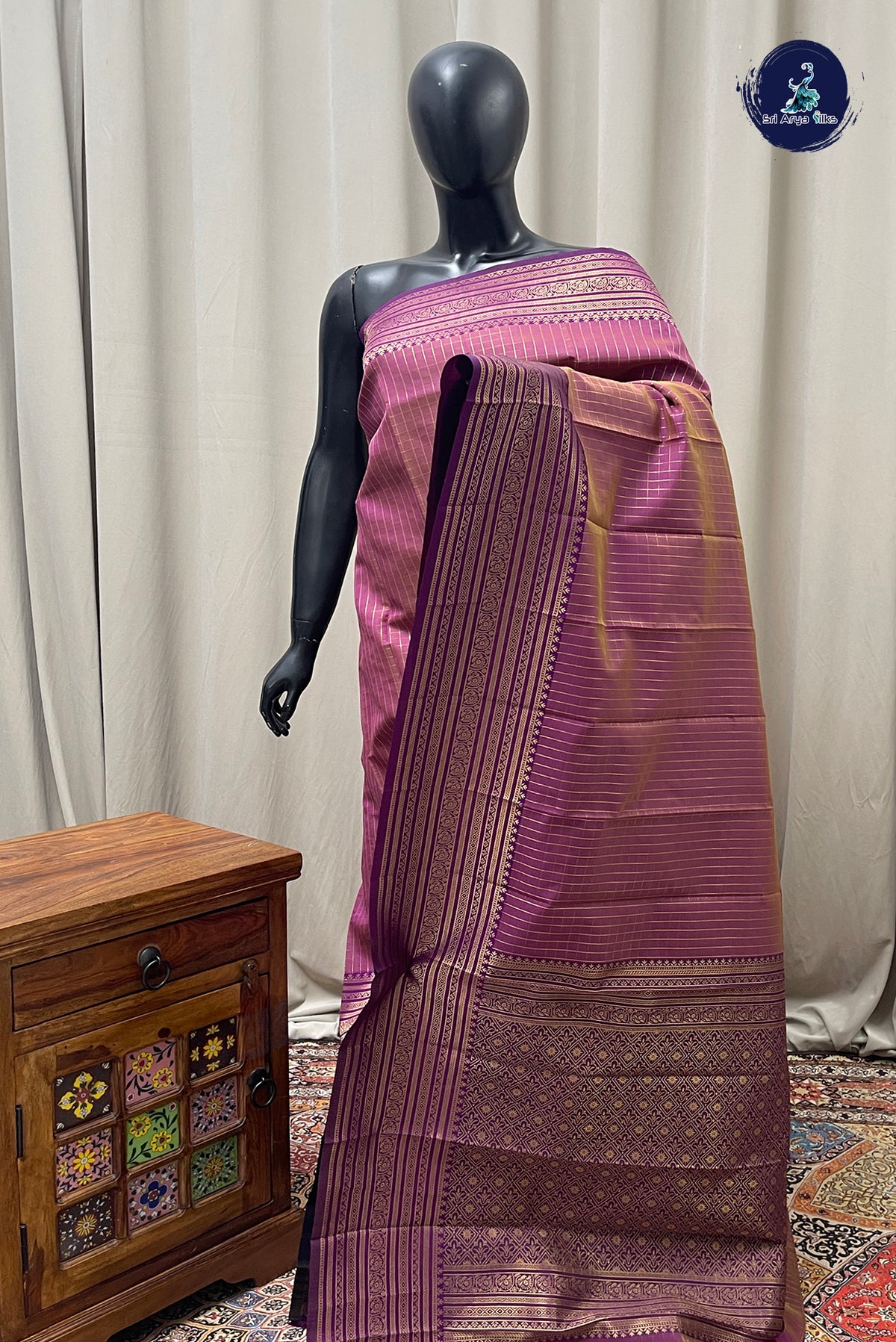 Dual Tone Purple Semi Silk Saree With Zari Checked Pattern
