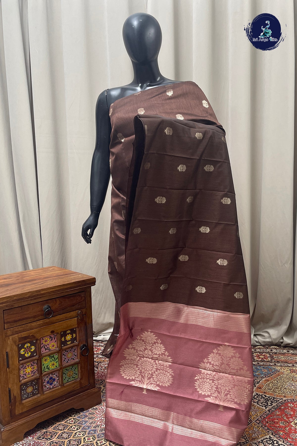 Brown Semi Silk Saree With Zari Buttas Pattern