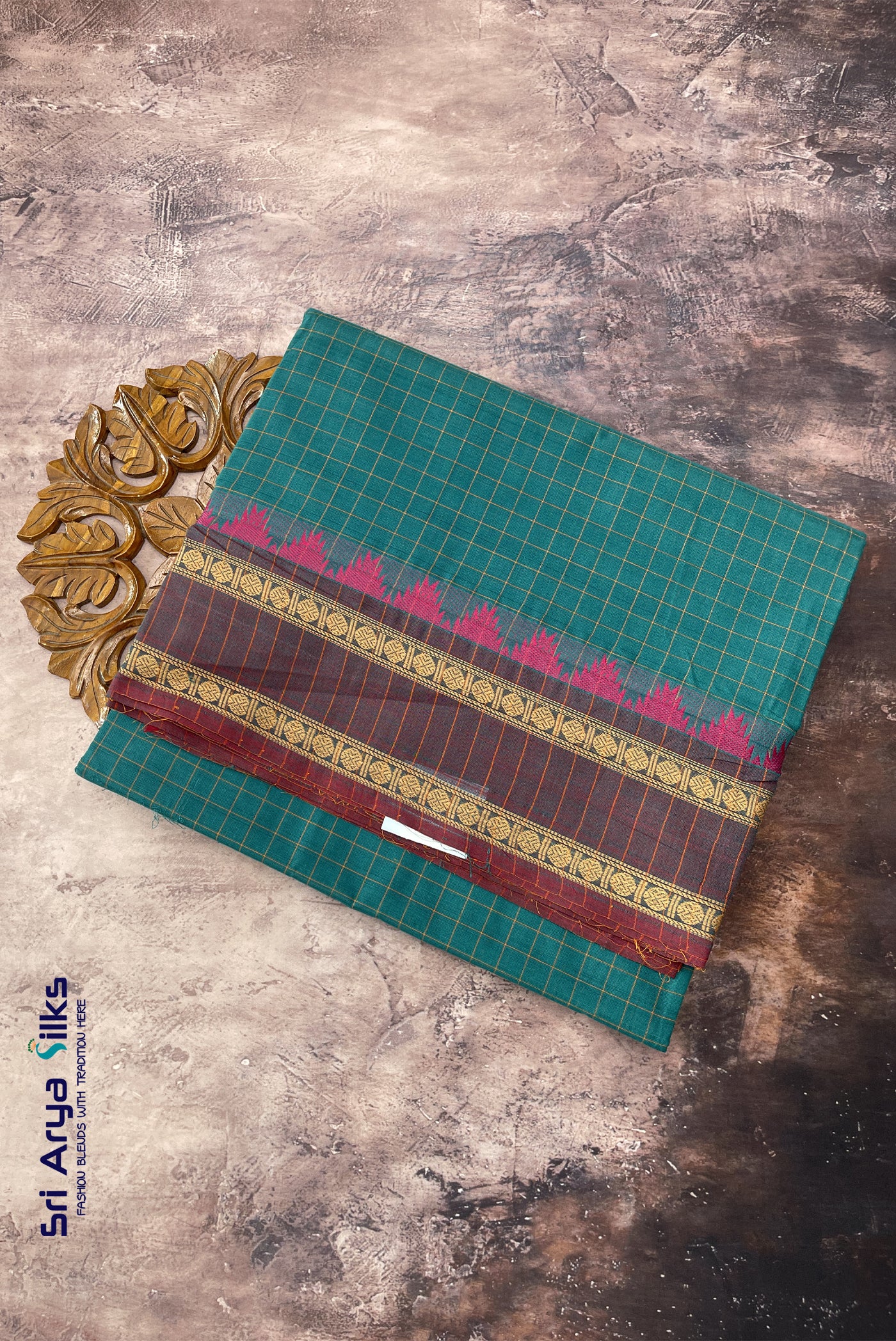 Sapphire Green Madisar Cotton Saree With Checked Pattern
