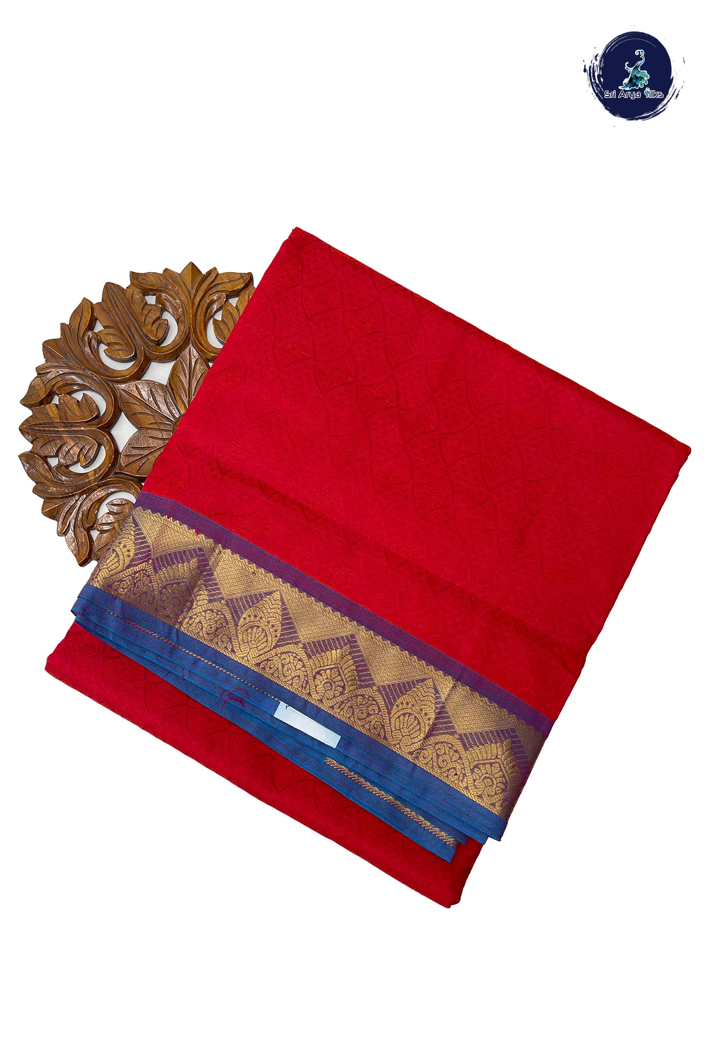 Tomato Red Madisar Semi Silk Cotton Saree With Embossed Pattern