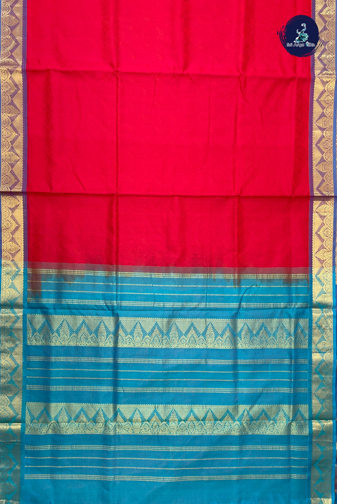 Tomato Red Madisar Semi Silk Cotton Saree With Embossed Pattern