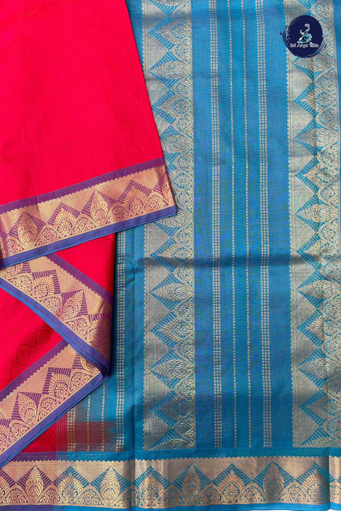 Tomato Red Madisar Semi Silk Cotton Saree With Embossed Pattern