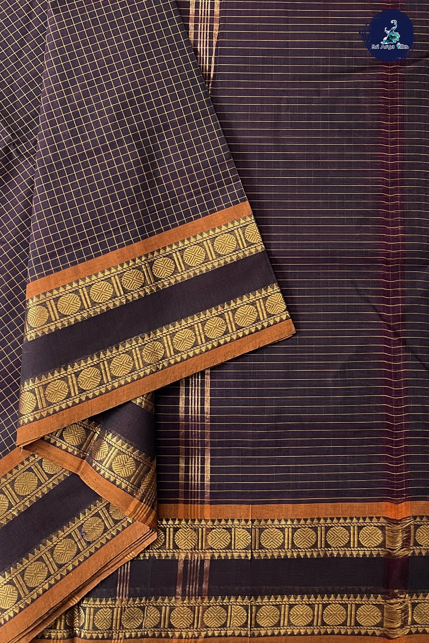Dual Tone Brown 10 Yards Madisar Cotton Saree With Checked Pattern