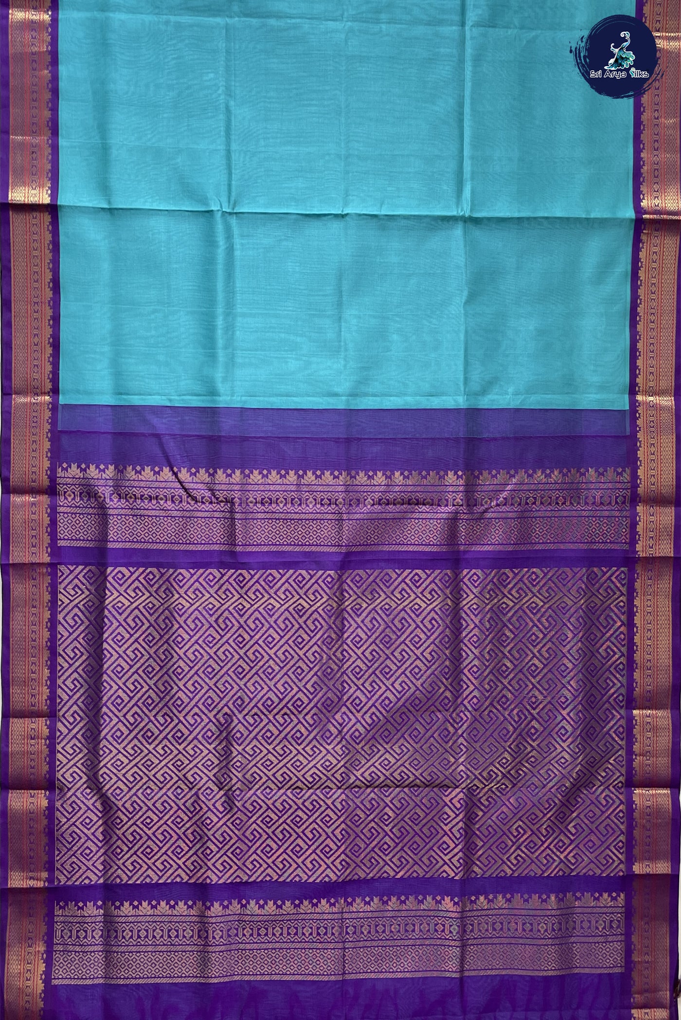 Sky Blue 10 Yards Silk Cotton Saree With Plain Pattern