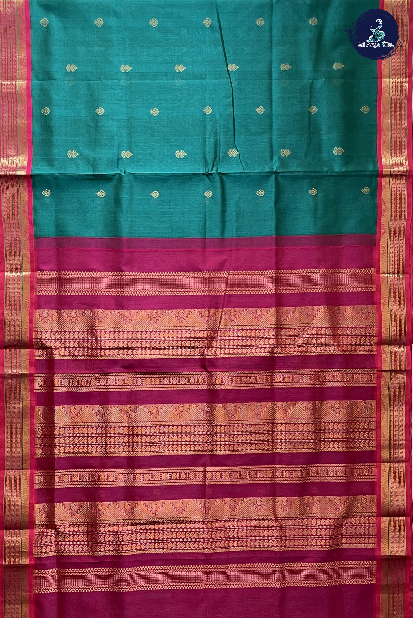 Sapphire Green 10 Yards Silk Cotton Saree With Zari Buttas Pattern