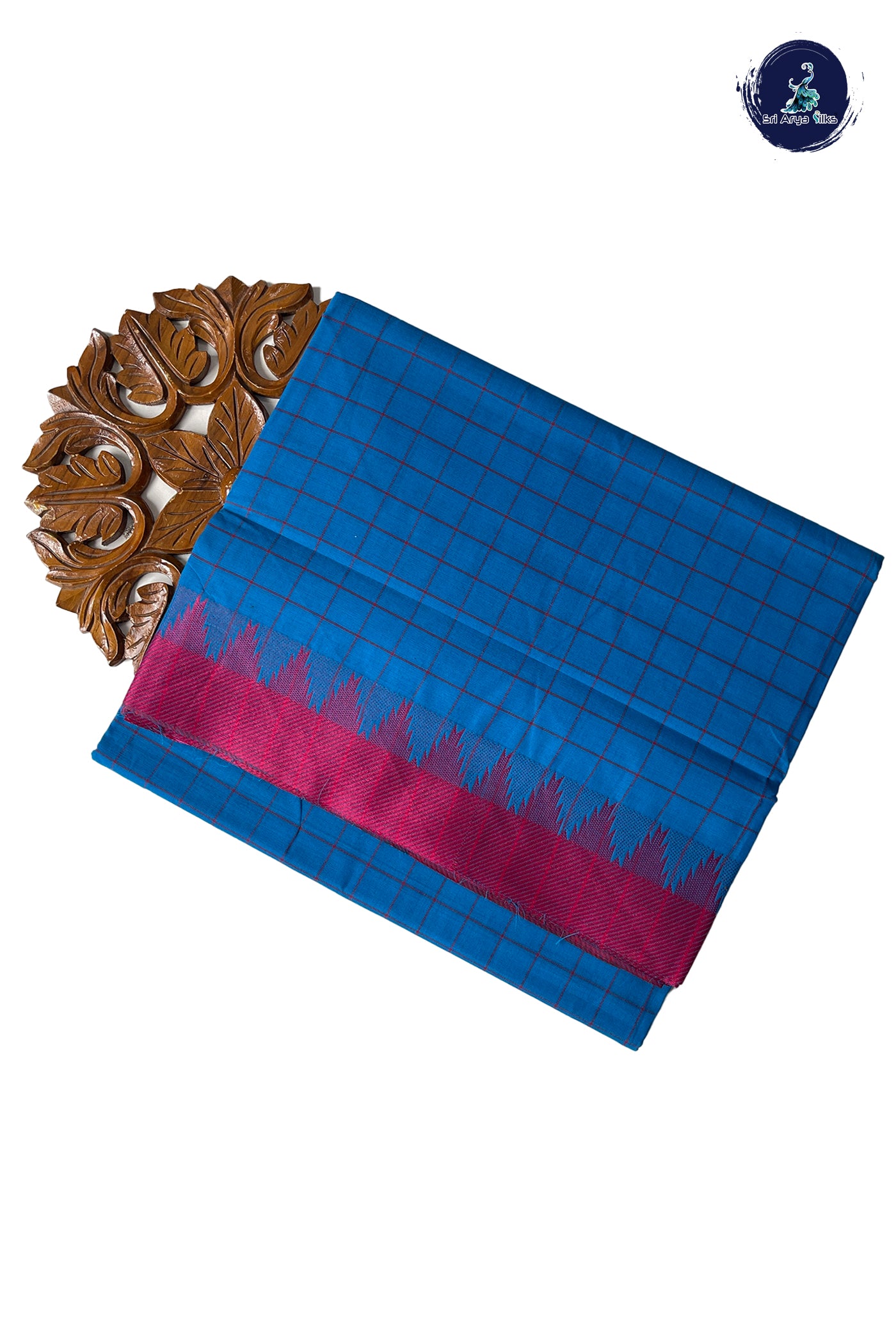 Copper Sulphate Blue 10 Yards Madisar Cotton Saree With Checked Pattern