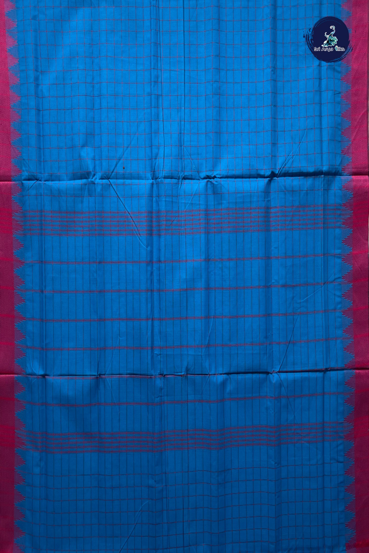 Copper Sulphate Blue 10 Yards Madisar Cotton Saree With Checked Pattern