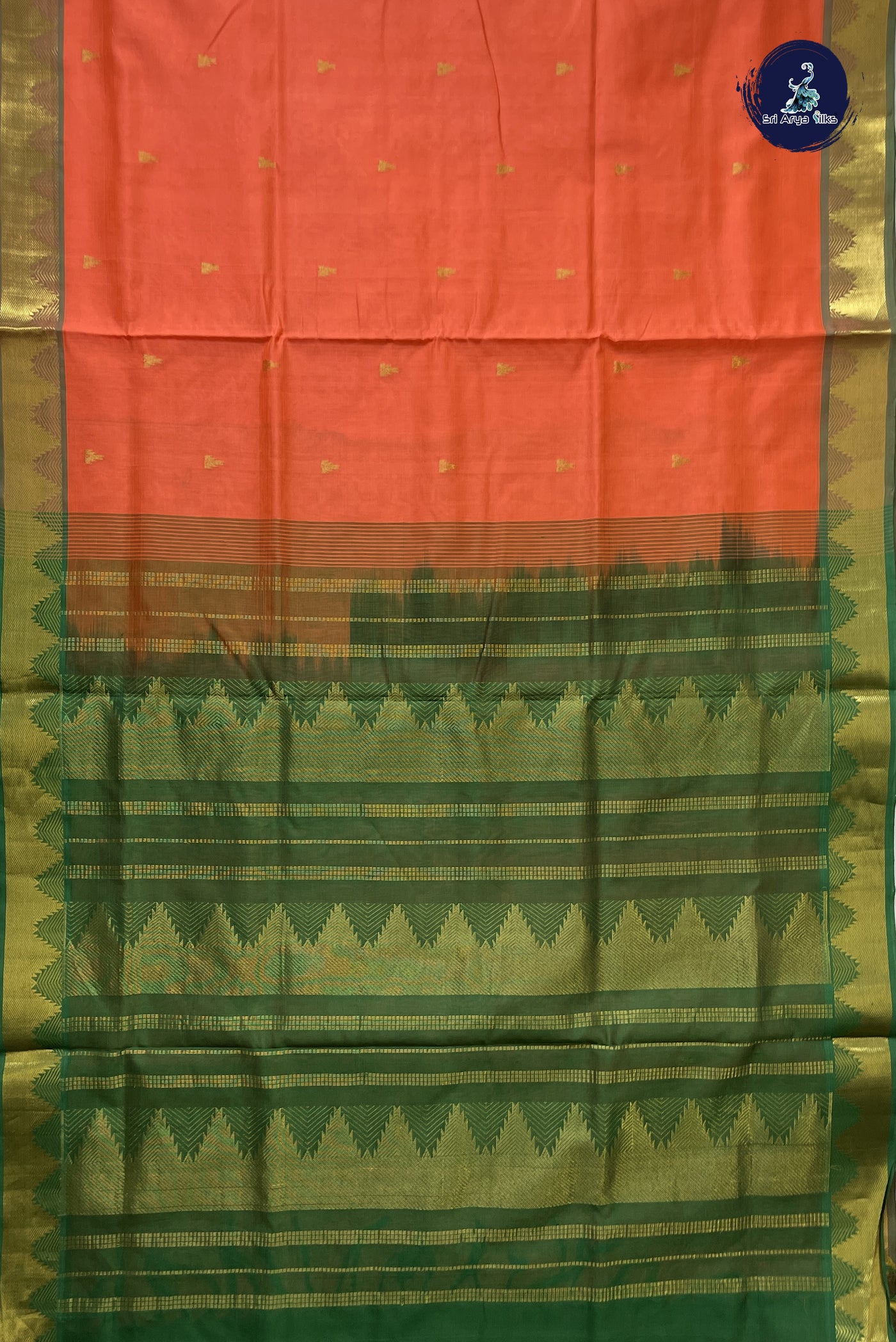 Orange 10 Yards Silk Cotton Saree With Zari Buttas Pattern