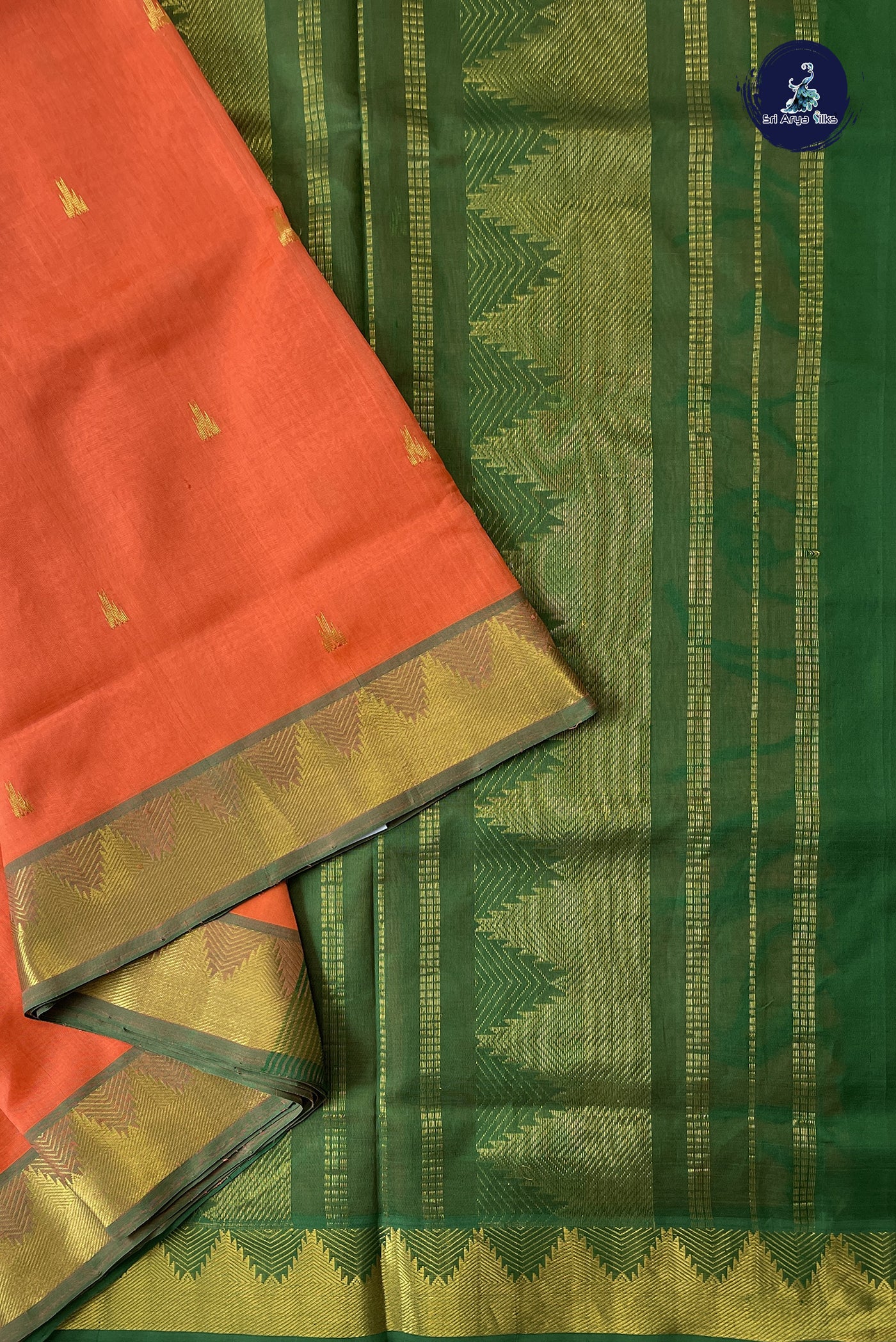 Orange 10 Yards Silk Cotton Saree With Zari Buttas Pattern
