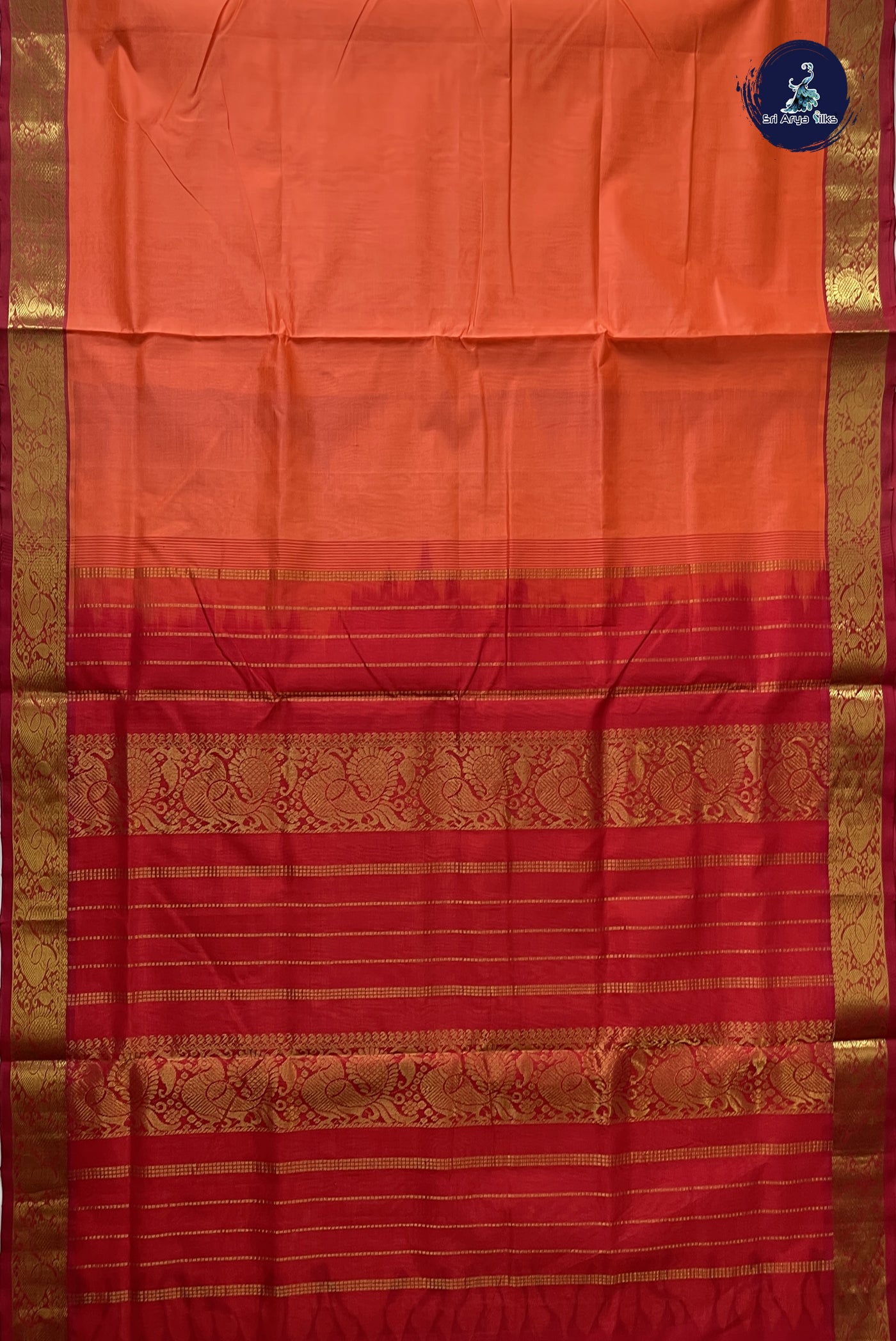 Orange 10 Yards Silk Cotton Saree With Plain Pattern