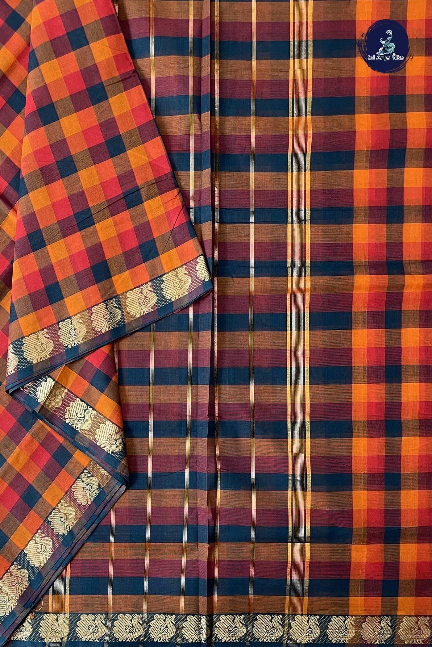 Multi Colour 10 Yards Madisar Cotton Saree With Checked Pattern