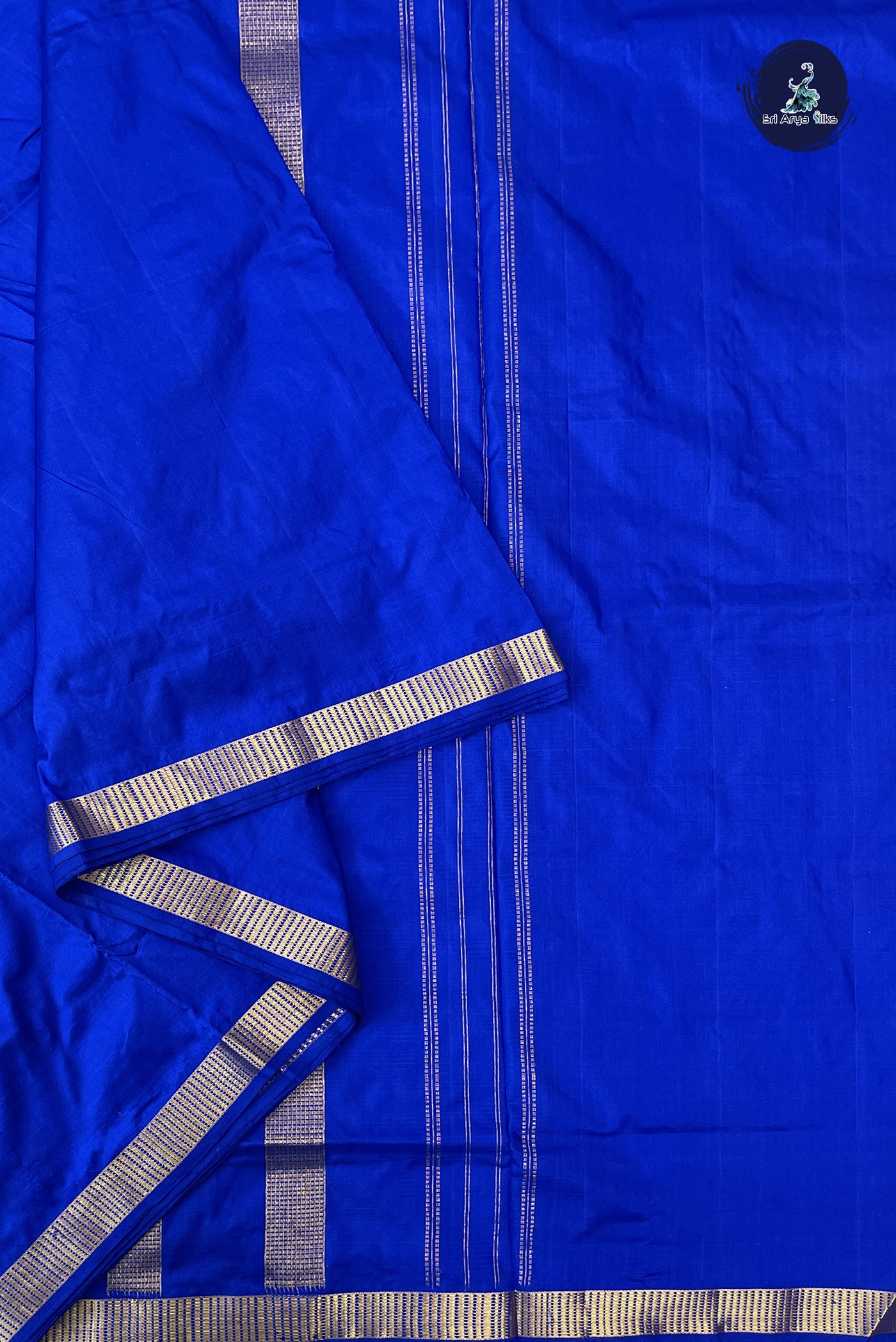 MS Blue Madisar 10 Yards Silk Saree With Plain Pattern