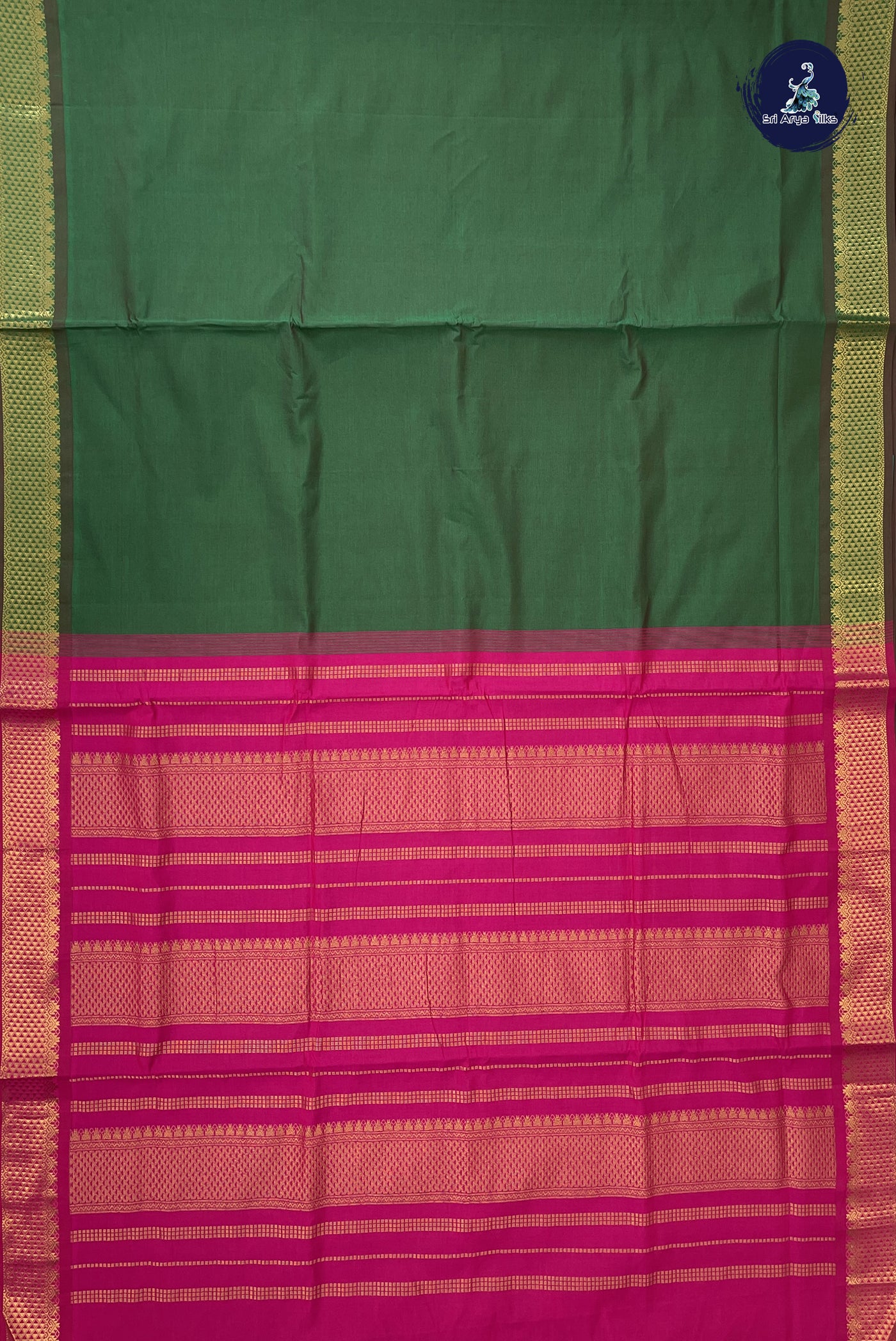 Green Madisar Semi Silk Cotton Saree With Plain Pattern