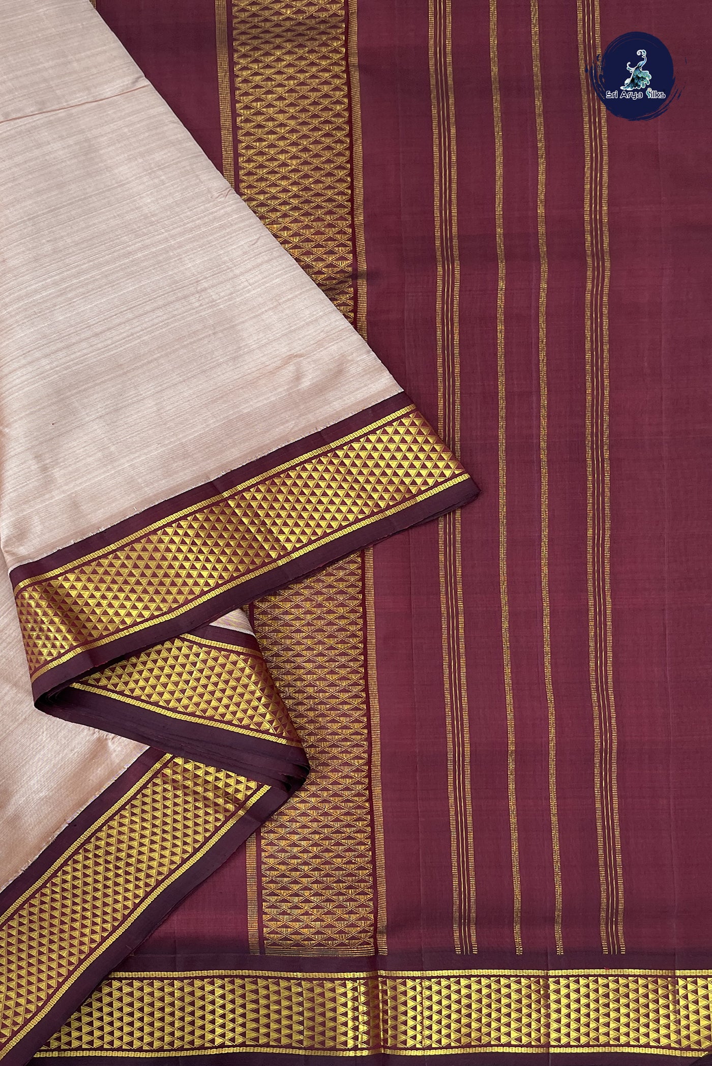 Light Brown Madisar 10 Yards Silk Saree With Plain Pattern