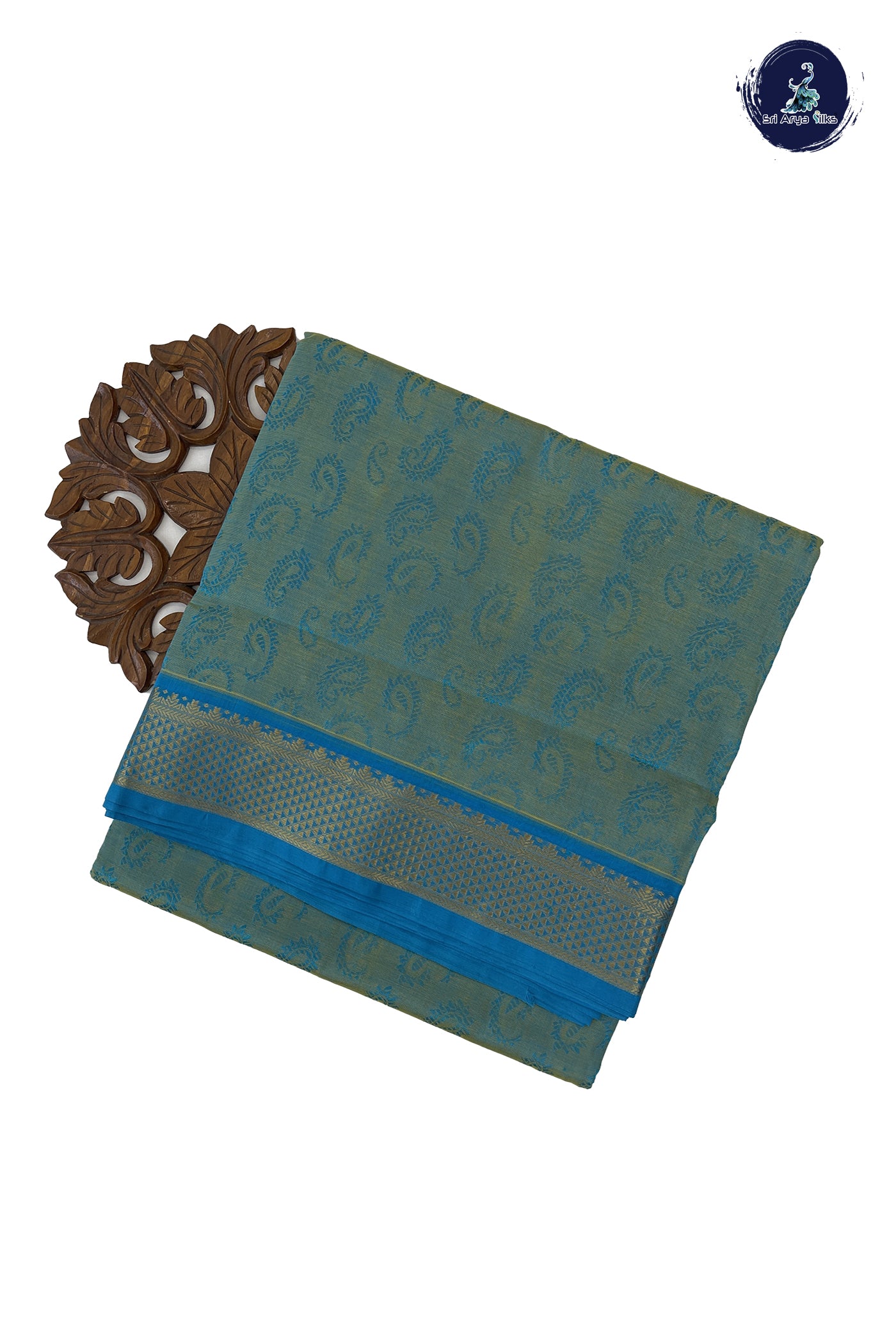 Bluish Green Madisar Silk Cotton Saree With Embossed Pattern