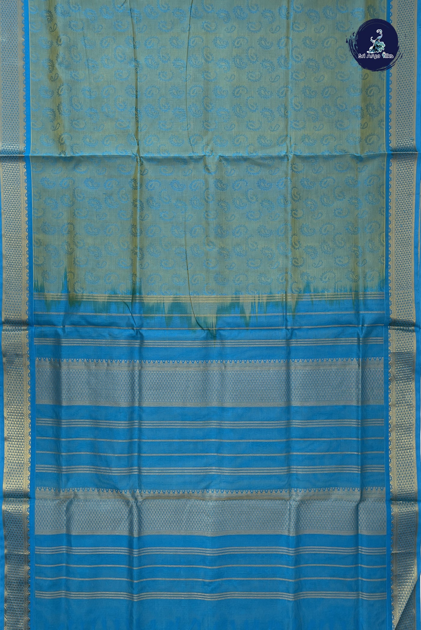 Bluish Green Madisar Silk Cotton Saree With Embossed Pattern