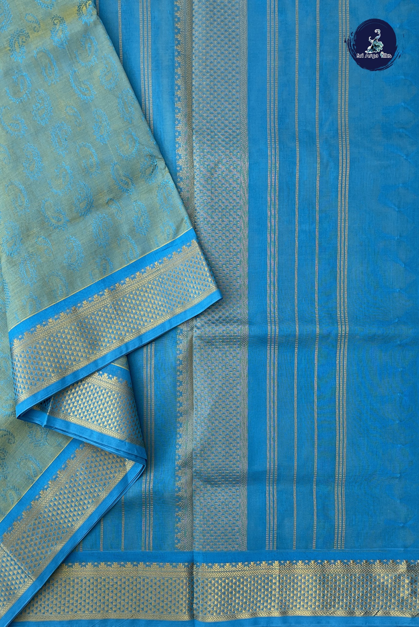 Bluish Green Madisar Silk Cotton Saree With Embossed Pattern