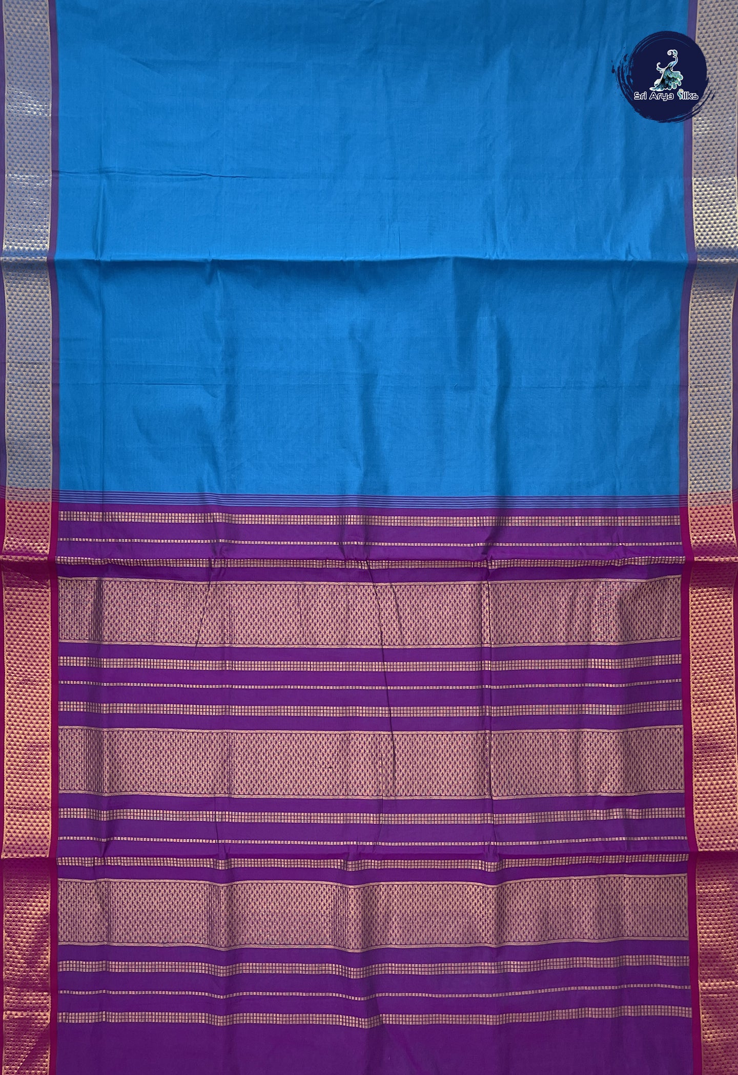 Copper Sulphate Blue Madisar Semi Silk Cotton Saree With Plain Pattern