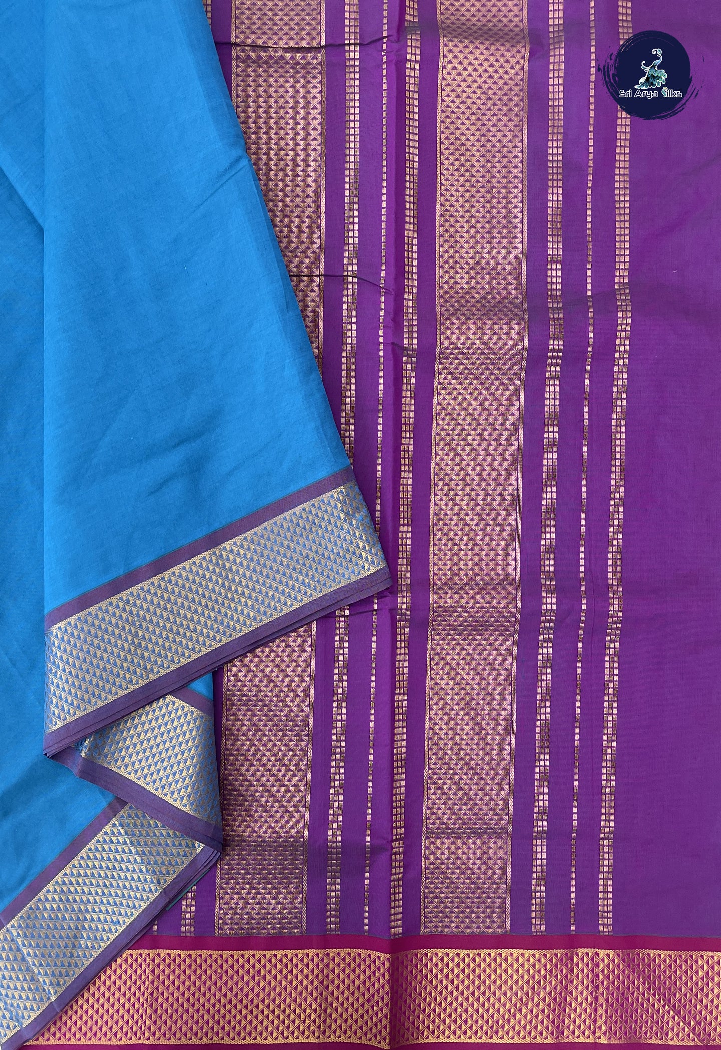 Copper Sulphate Blue Madisar Semi Silk Cotton Saree With Plain Pattern