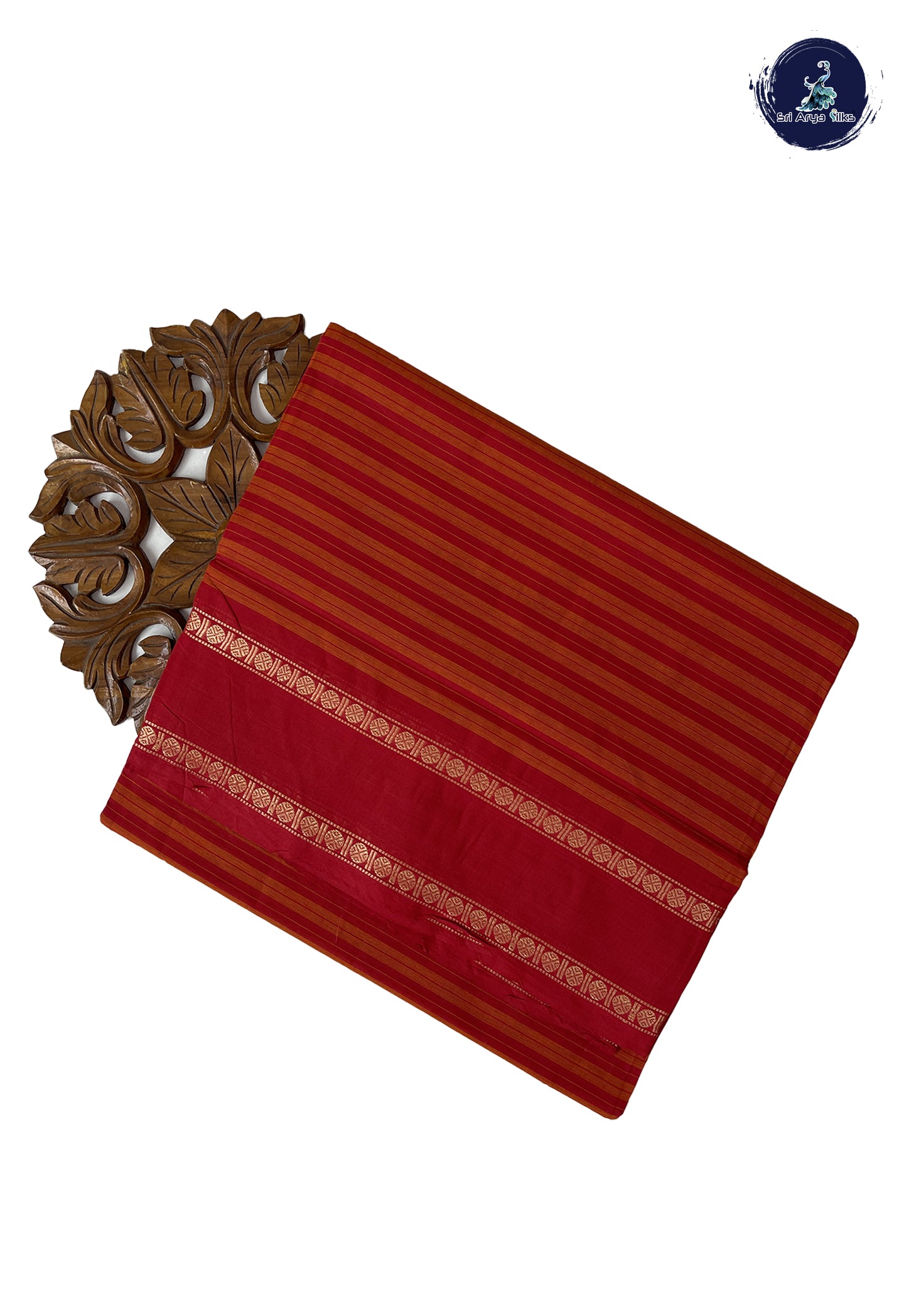 Red 10 Yards Madisar Cotton Saree With Stripes Pattern