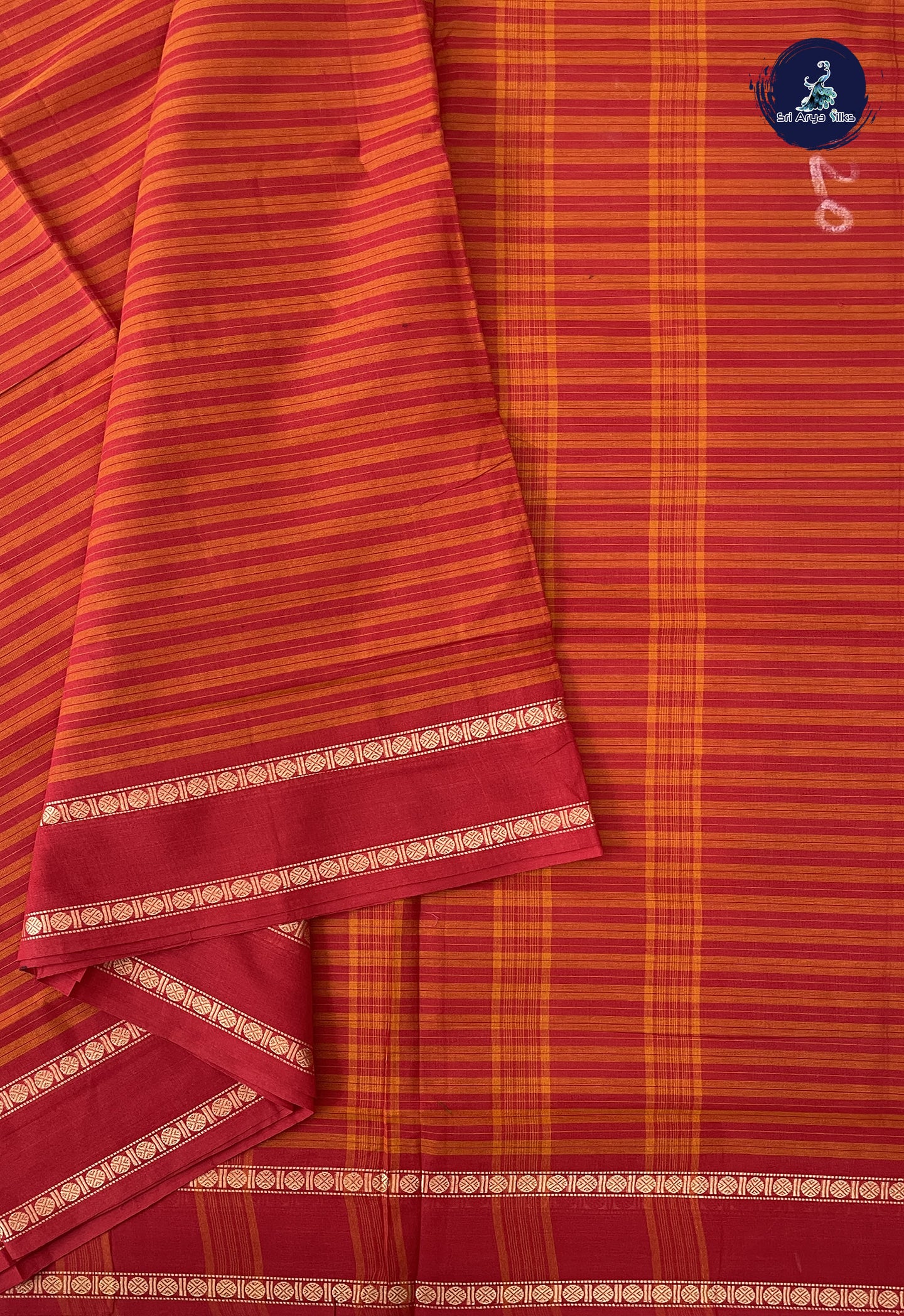 Red 10 Yards Madisar Cotton Saree With Stripes Pattern
